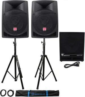 Rockville (2) RPG12 12" Powered PA Speakers Active 15" Subwoofer Stands Cables