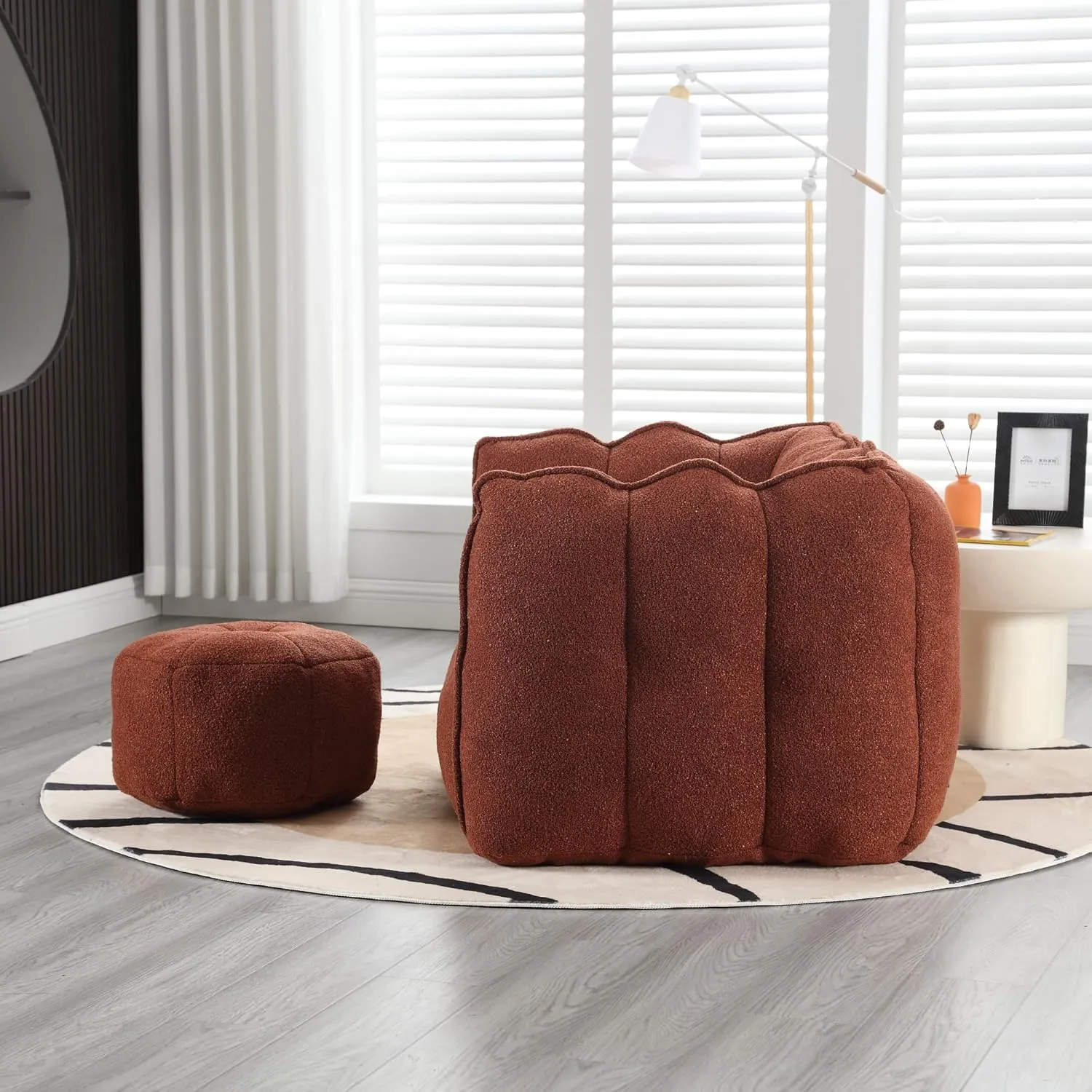 roomfitters Soft Bean Bag Chair with High Resilient Foam Chips for Living Room and Bedroom | Comfortable Square Lazy Sofa with Footstool | Adult Gaming, Reading, and TV Cover (Red Brown)