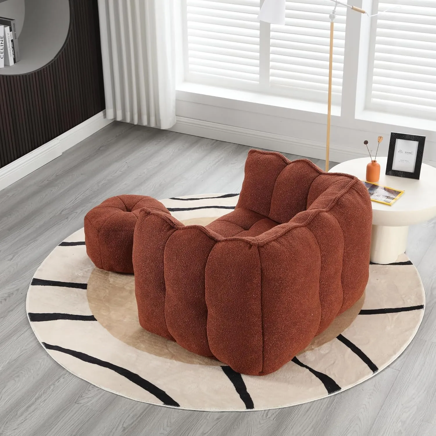 roomfitters Soft Bean Bag Chair with High Resilient Foam Chips for Living Room and Bedroom | Comfortable Square Lazy Sofa with Footstool | Adult Gaming, Reading, and TV Cover (Red Brown)