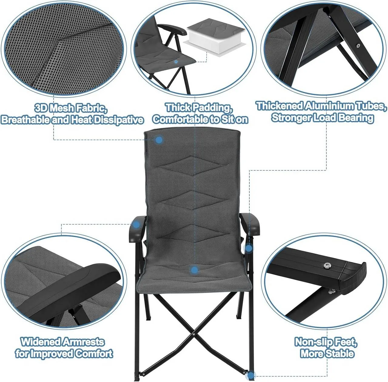 Rootz Adjustable Backrest Outdoor Chair - Garden Lounger - Folding Camp Chair - Breathable Mesh - 49cm x 101cm x 47cm