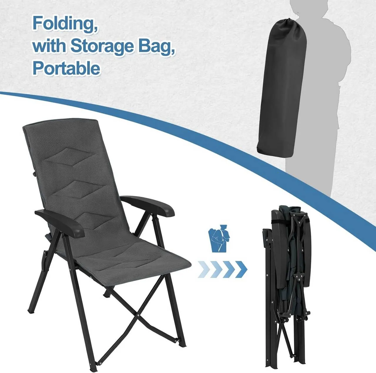 Rootz Adjustable Backrest Outdoor Chair - Garden Lounger - Folding Camp Chair - Breathable Mesh - 49cm x 101cm x 47cm