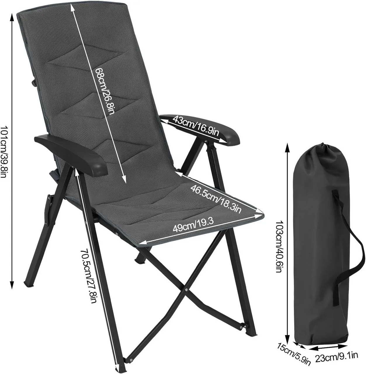 Rootz Adjustable Backrest Outdoor Chair - Garden Lounger - Folding Camp Chair - Breathable Mesh - 49cm x 101cm x 47cm