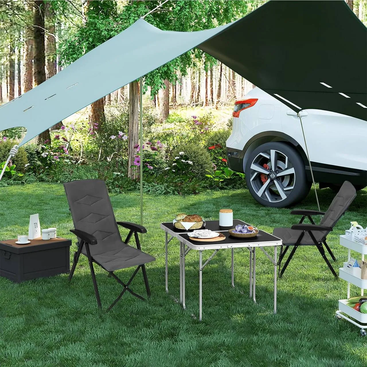 Rootz Adjustable Backrest Outdoor Chair - Garden Lounger - Folding Camp Chair - Breathable Mesh - 49cm x 101cm x 47cm
