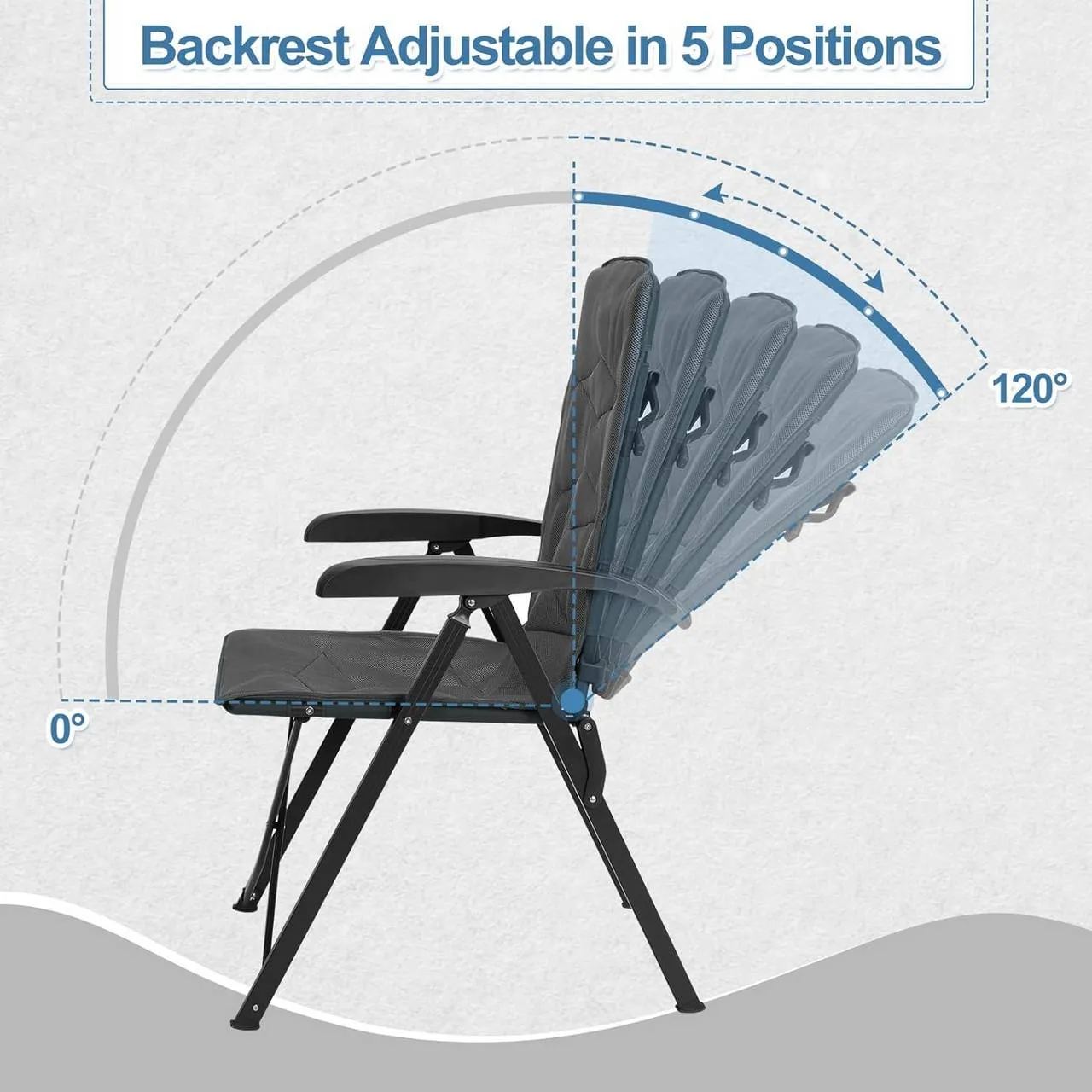 Rootz Adjustable Backrest Outdoor Chair - Garden Lounger - Folding Camp Chair - Breathable Mesh - 49cm x 101cm x 47cm