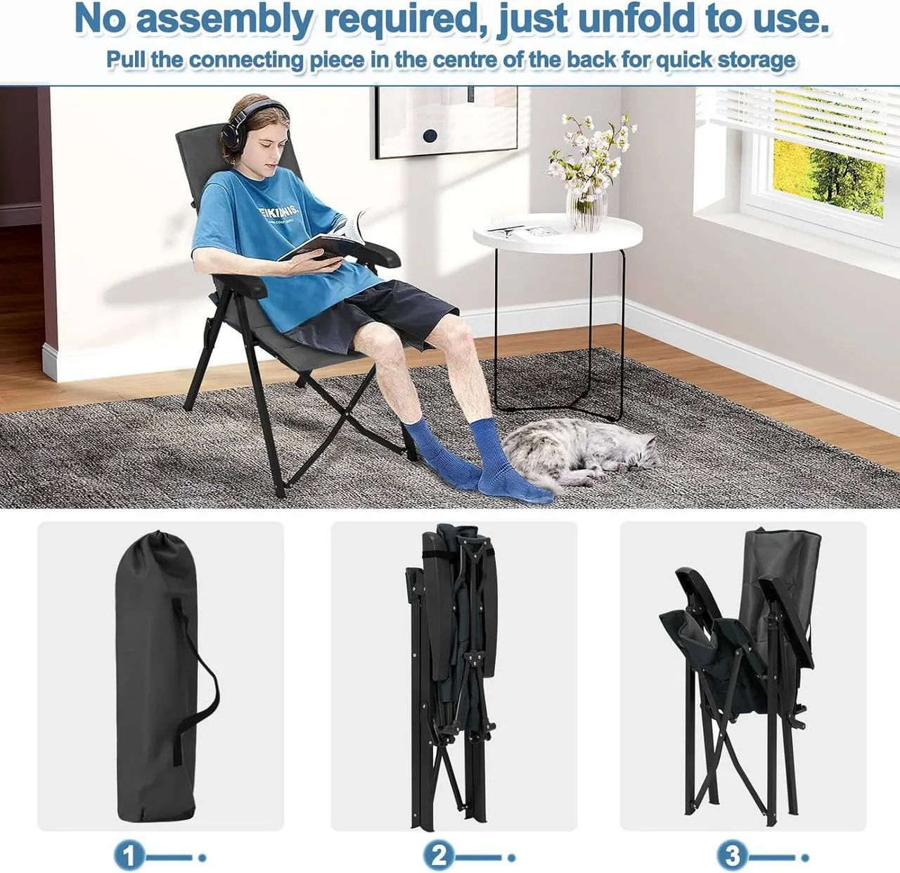 Rootz Adjustable Backrest Outdoor Chair - Garden Lounger - Folding Camp Chair - Breathable Mesh - 49cm x 101cm x 47cm