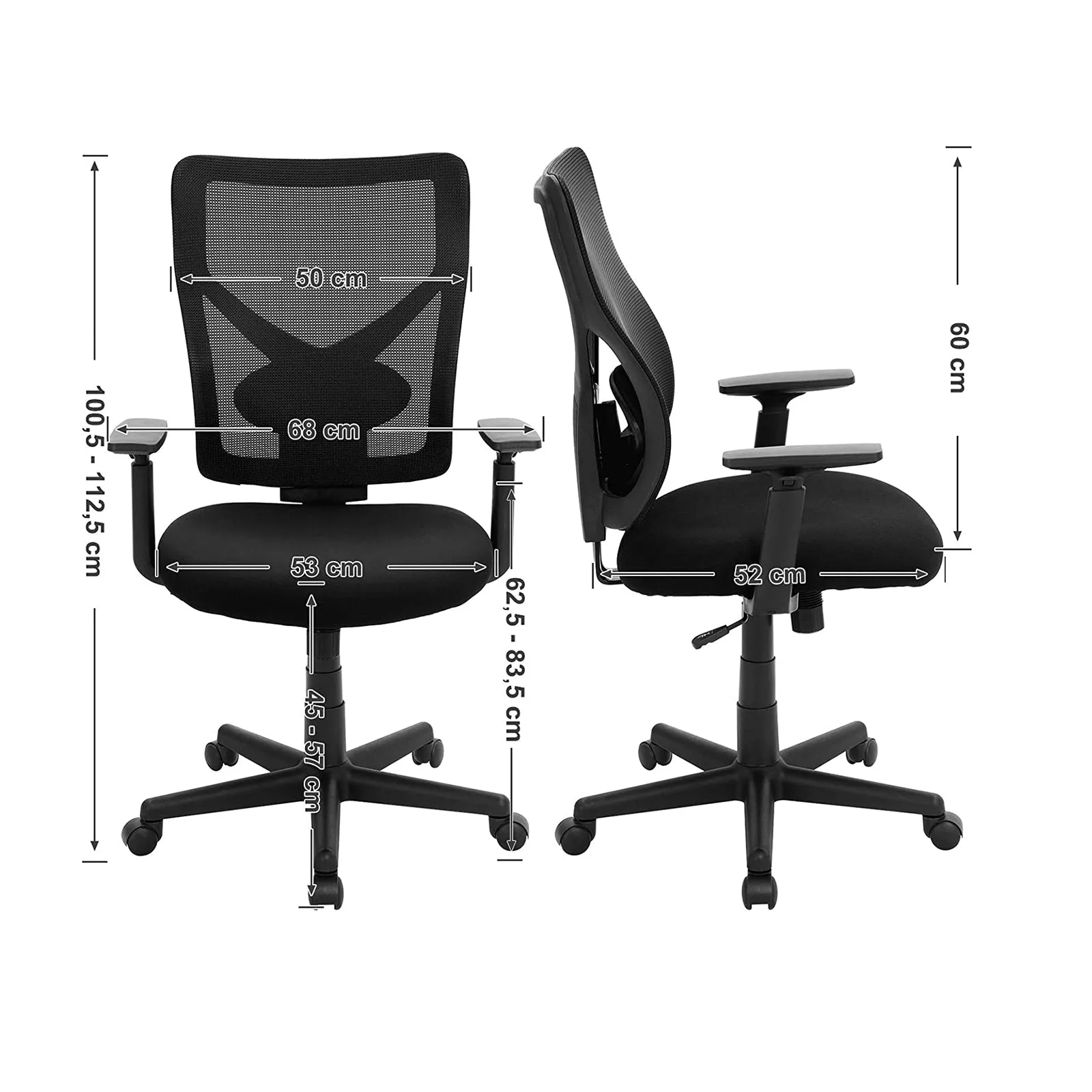 Rootz Ergonomic Office Chair - Desk Chair - Adjustable Lumbar Support - Prevents Muscle Fatigue - Adjustable Seat Height - 110.5-112.5cm x 53cm x 52cm