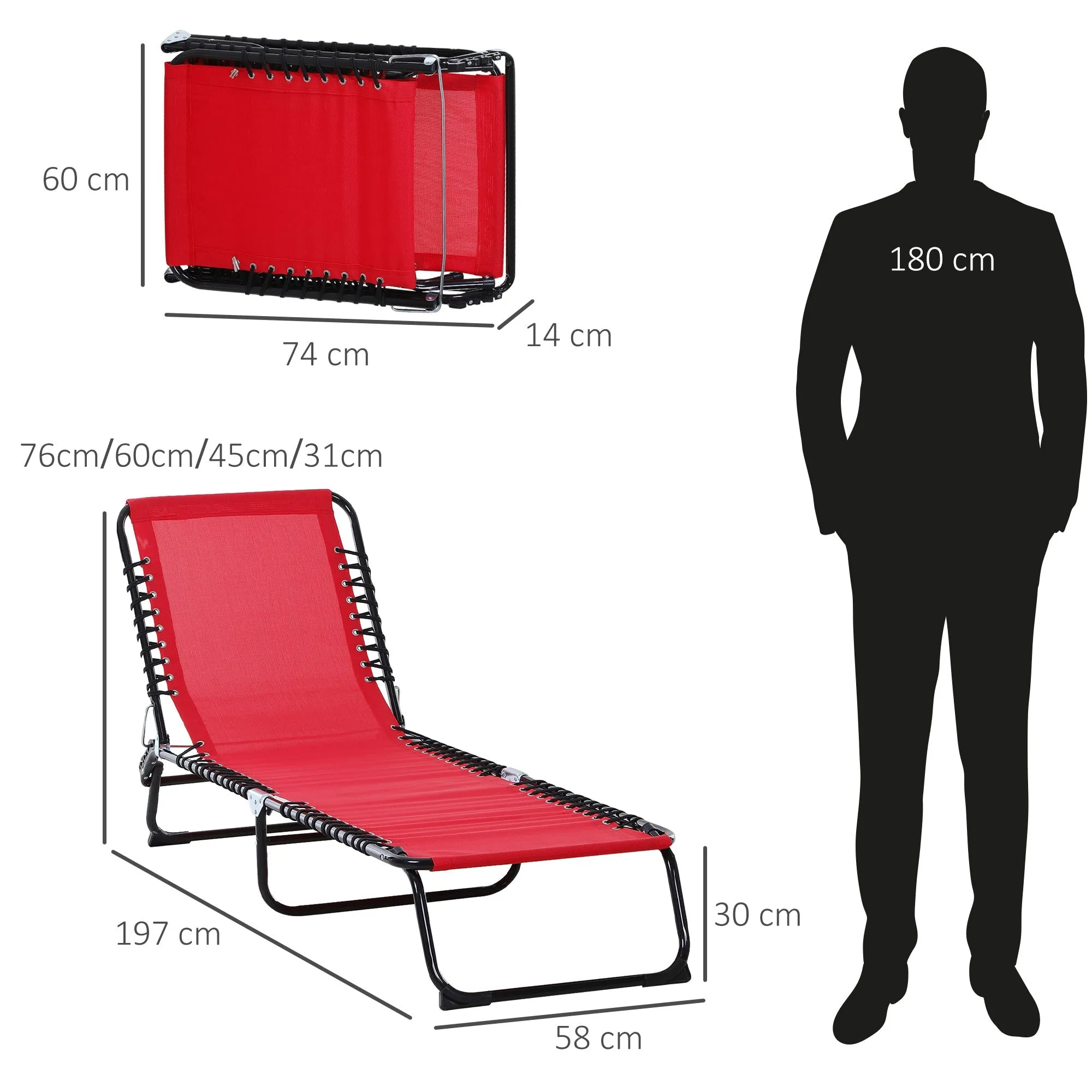Rootz Sun Lounger - Foldable Deck Chair - Beach Lounger - Adjustable Comfort - 197cm x 58cm x 30cm