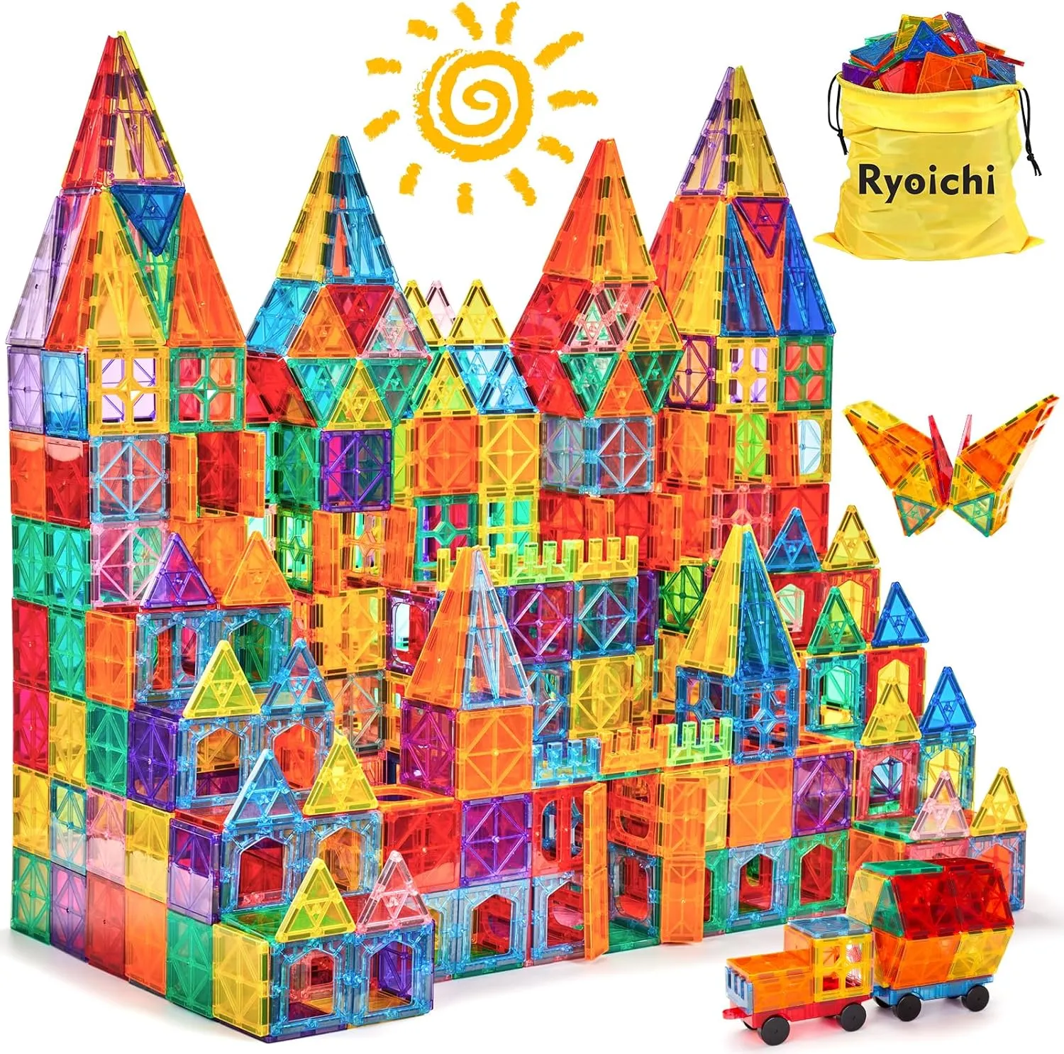 Ryoichi 138PCS Magnetic Building Tiles Set with 2 Cars, STEM Educational Construction Blocks & Montessori Learning Toys for Kids Ages 3-9  Years