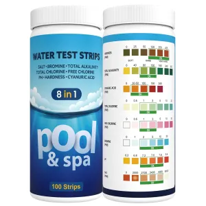 Salt Water Pool Testing Kit, 8IN1 Pool Salt Test Strips for Salt Water, Salt Pool Test Strips for Hot Tub Spa Salt Water Pool Testing Strips Testing Salt Chlorine pH Cyanuric Acid and More