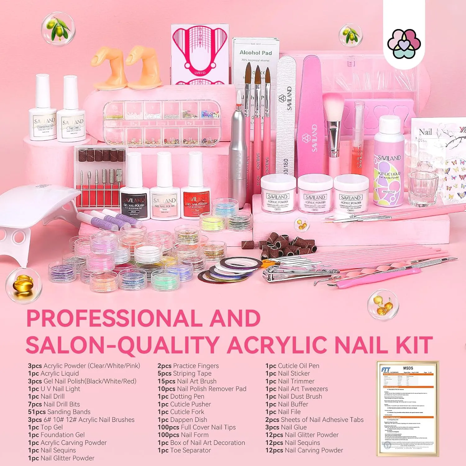 SAVILAND Acrylic Nail Kit with Drill: Professional Nail Kit Acrylic Set for Beginners with Everything Gel Polish U V Light Decorations for Home Salon Gift Set