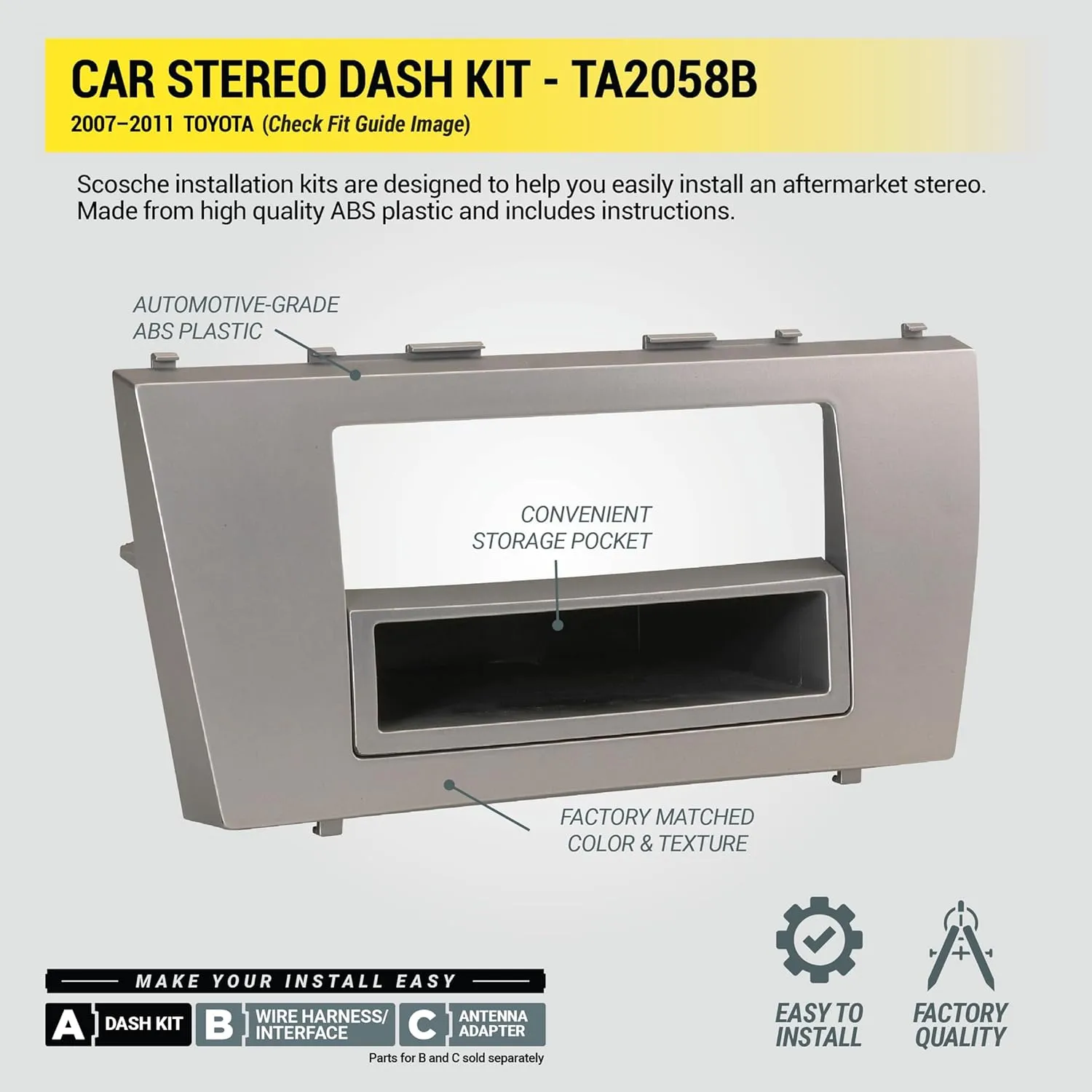Scosche TA2058B Single or Double DIN Radio Installation Dash Kit Compatible with Select 2007-2011 Toyota Camry - 1 or 2 DIN Aftermarket Car Stereo Install Kit Radio Bracket - See Fit Guide in Images