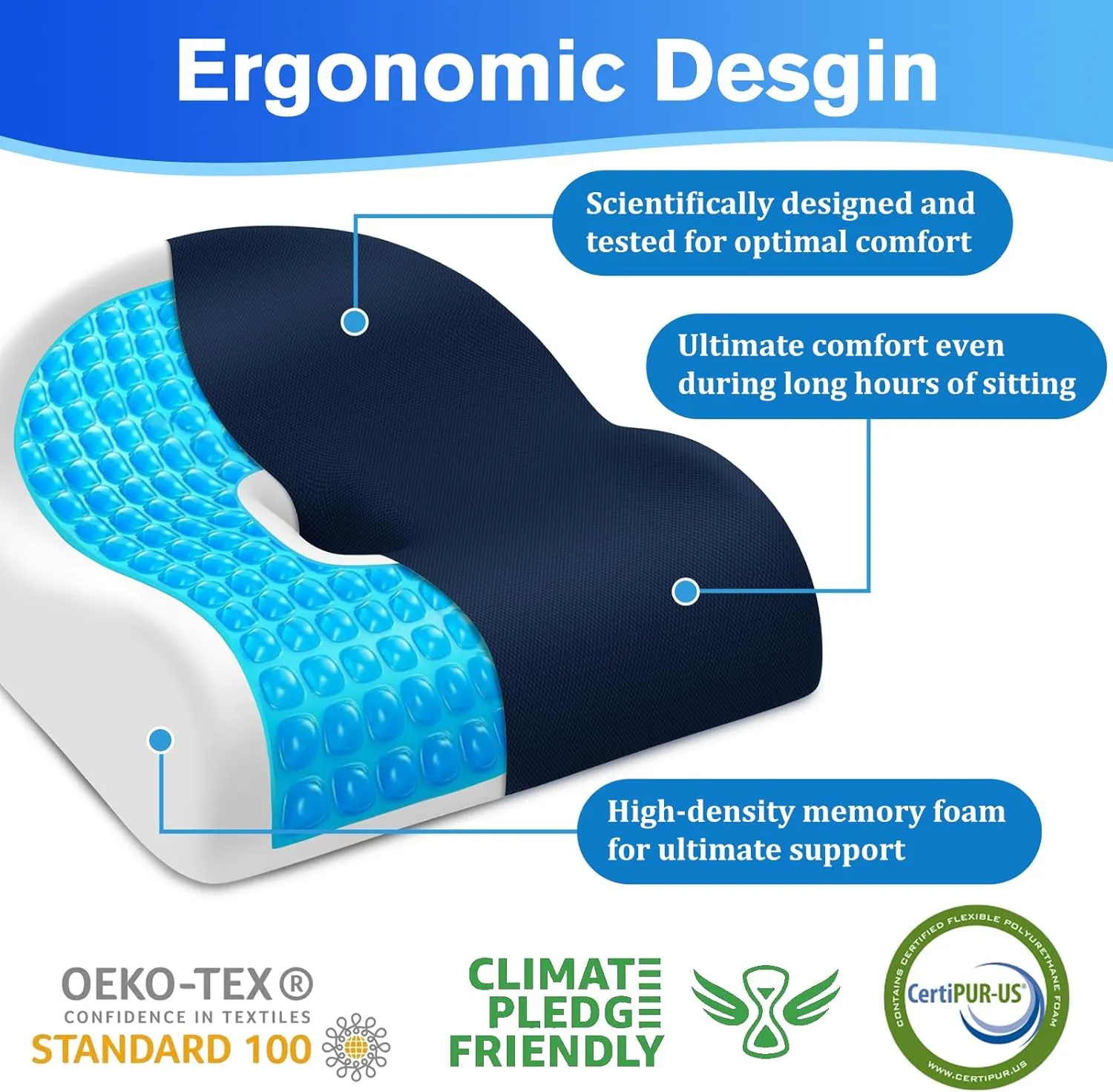 Seat Cushion Office Chair Cushion for Back & Tailbone & Sciatica Pain Relief, Dark Blue Memory Foam Desk Chair Cushion Pressure Relief Seat Cushion for Long Sitting Car Drivers