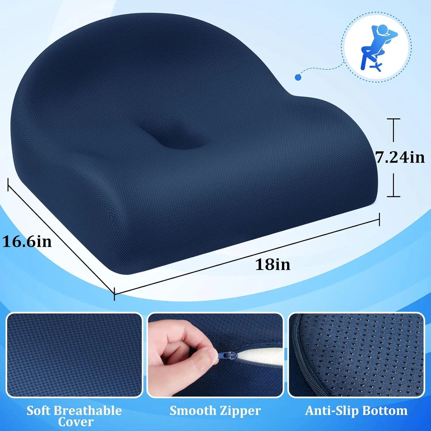 Seat Cushion Office Chair Cushion for Back & Tailbone & Sciatica Pain Relief, Dark Blue Memory Foam Desk Chair Cushion Pressure Relief Seat Cushion for Long Sitting Car Drivers