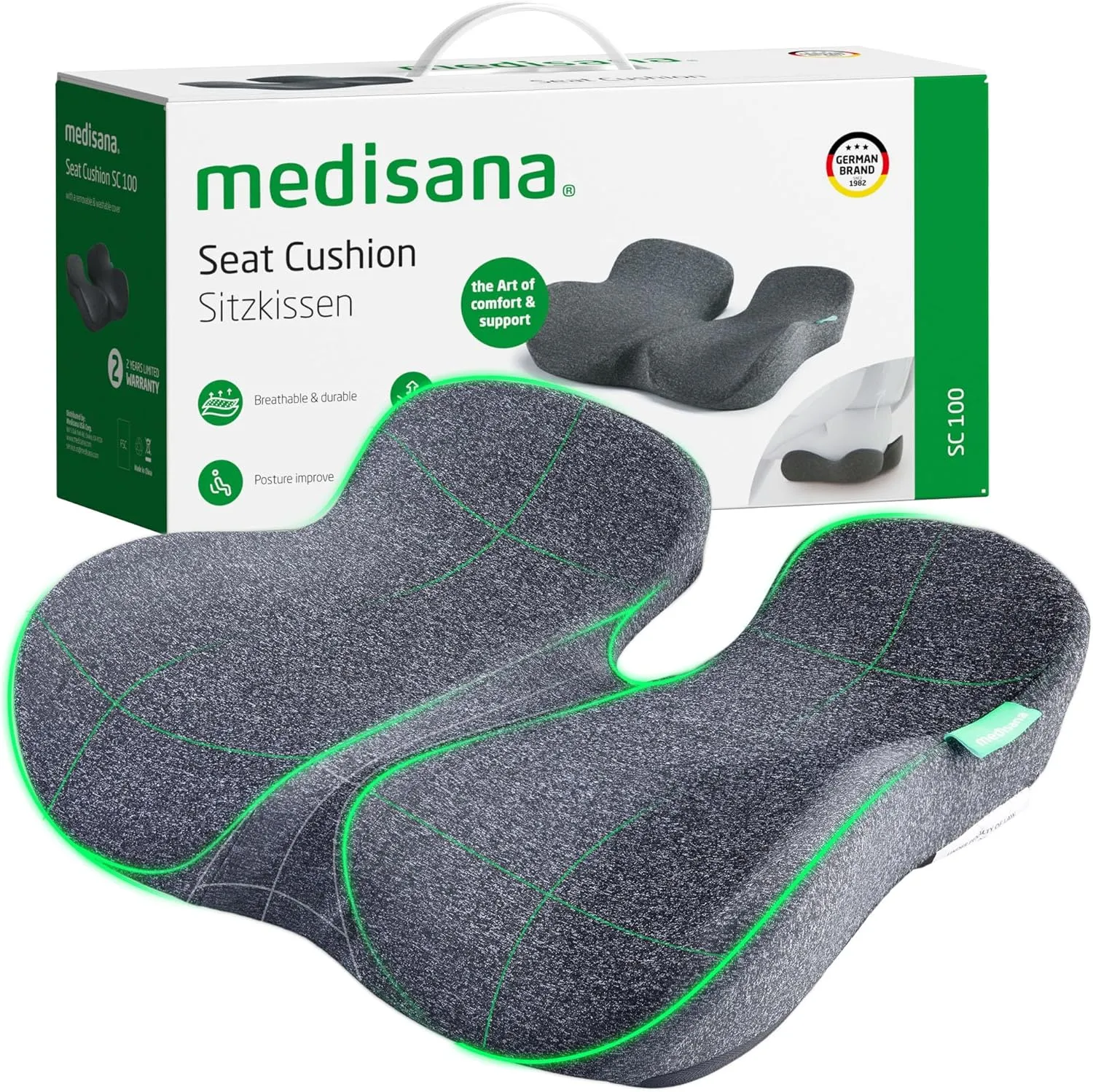 Seat Cushion - SC 100 Memory Foam Seat Cushions for Office Chairs, Car Seat, Wheelchair - Sciatica & Tailbone & Coccyx Pain Relief Pillow for Driver Sedentary People