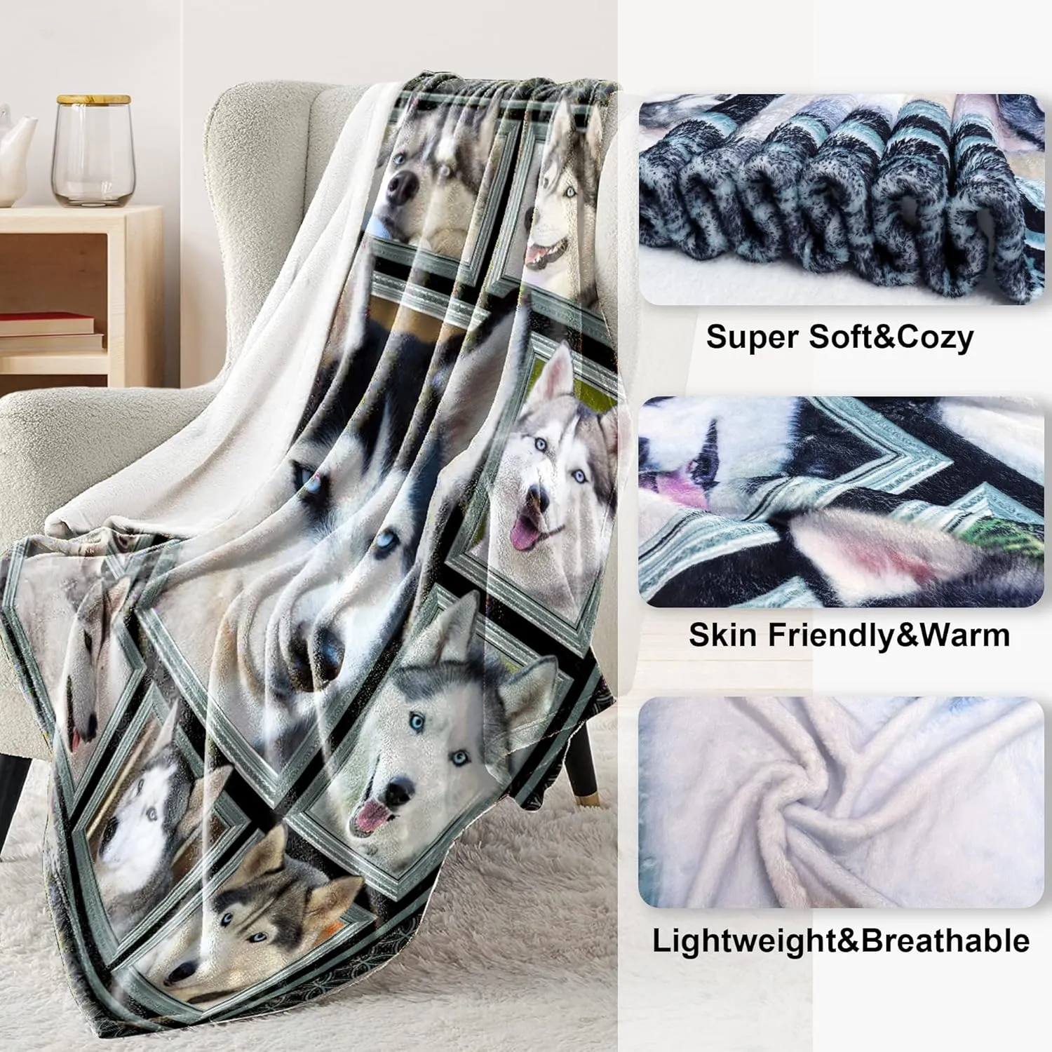 Siberian Husky Blanket for Kids Boys Girls, Siberian Husky Gifts for Dog Lover, Super Soft Fuzzy Dog Throw Blanket Siberian Huskies Print Plush Gift for Birthday Christmas 40x50 inch