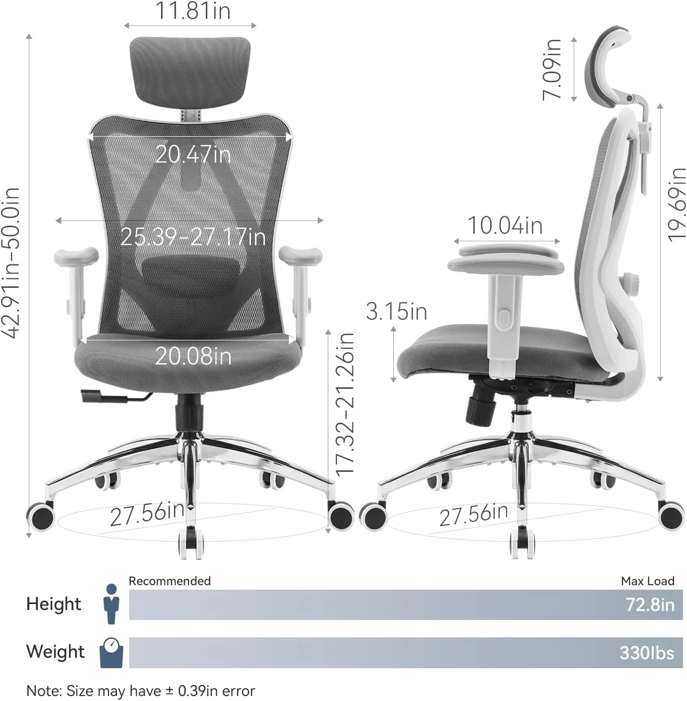 SIHOO M18 Ergonomic Office Chair, Computer Desk Chair with Adjustable Headrest and Lumbar Support, High Back Executive Swivel Chair for Home Office (Dark Gray)