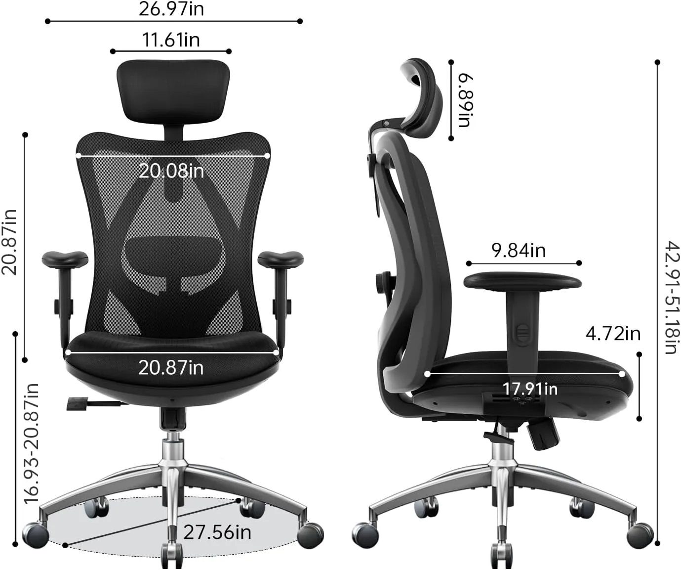 SIHOO M18 Ergonomic Office Chair for Big and Tall People Adjustable Headrest with 2D Armrest Lumbar Support and PU Wheels Swivel Tilt Function Black