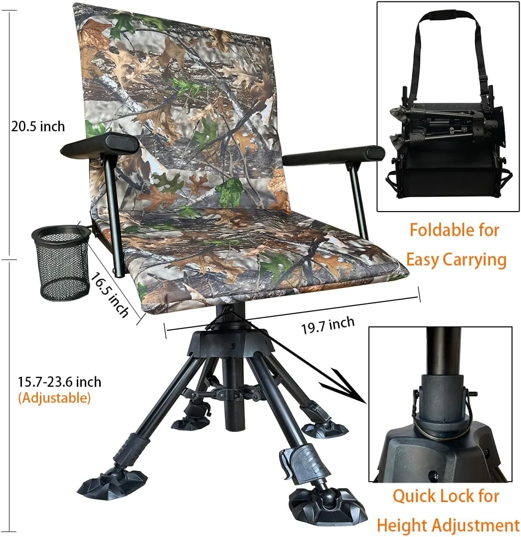 Silent Swivel Stable Portable Ground Folding Outdoor Camping Fishing Hunting Blind Chair Seat with Cover, 4 Legs Adjustable Height