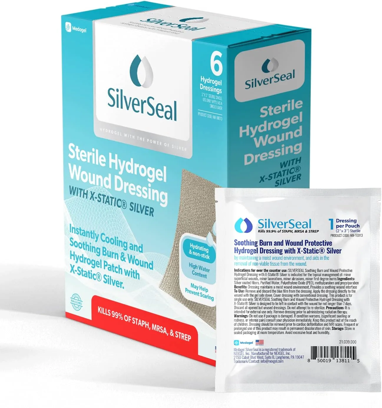 SilverSeal Burn and Wound Dressing, Hydrogel Pads with X-Static Silver, Soothing, Moist & Protective for Burns, Cuts & Wounds, 2" x 3" Sterile Dressings, 6 Count
