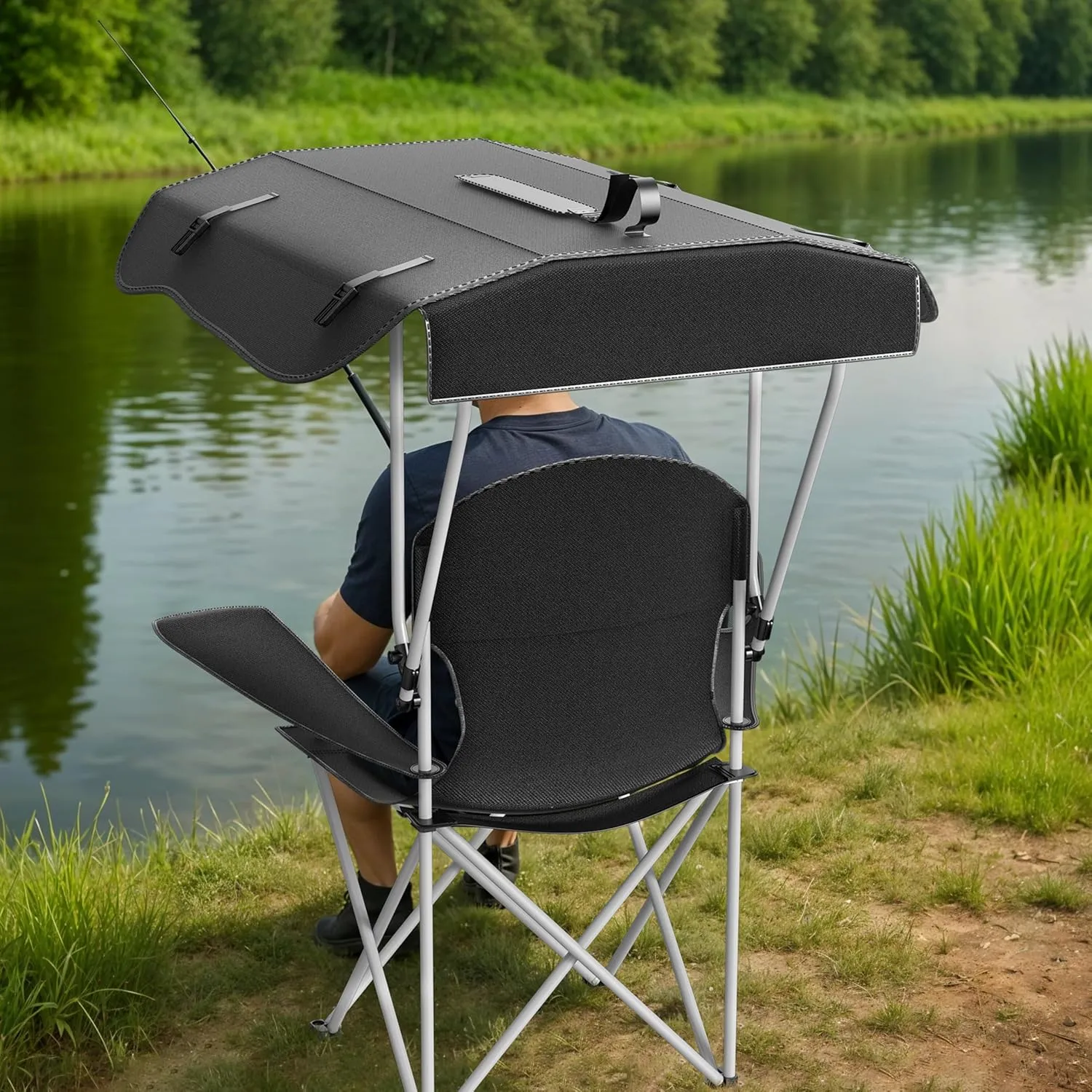 Simple Deluxe Portable Folding Rocking Chair, Camping Kickback Rocker with Durable Armrests, Drink Holder & Relaxed Lowered Seat for Comfort (Chair with Canopy)