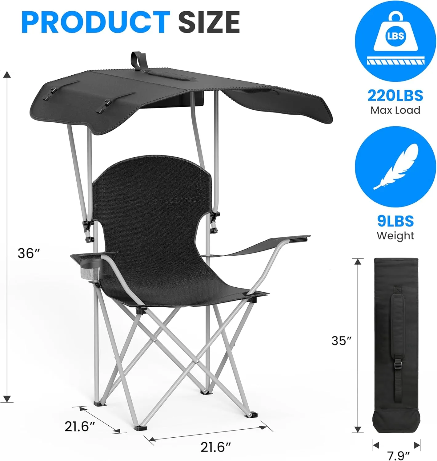 Simple Deluxe Portable Folding Rocking Chair, Camping Kickback Rocker with Durable Armrests, Drink Holder & Relaxed Lowered Seat for Comfort (Chair with Canopy)