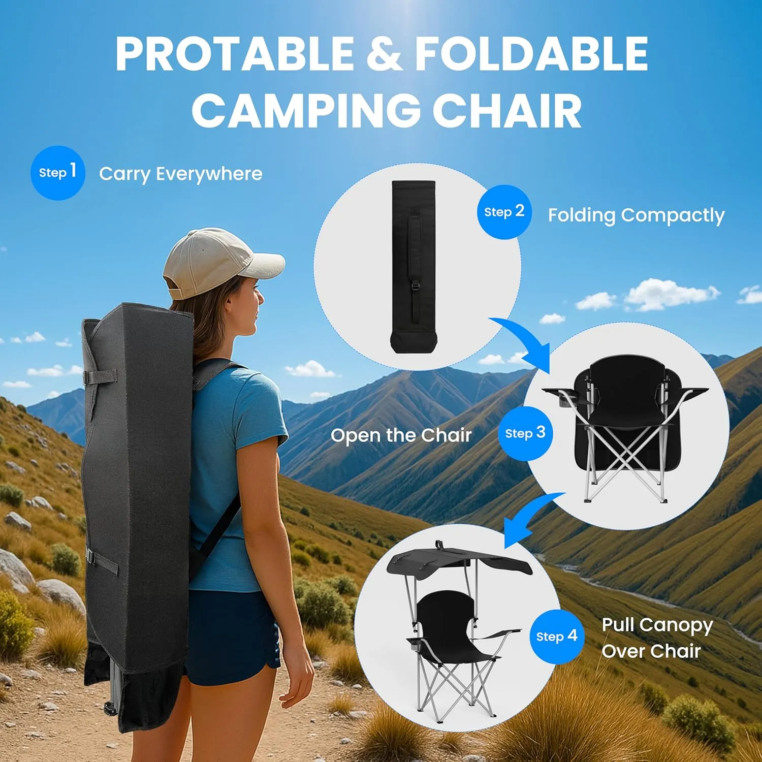 Simple Deluxe Portable Folding Rocking Chair, Camping Kickback Rocker with Durable Armrests, Drink Holder & Relaxed Lowered Seat for Comfort (Chair with Canopy)