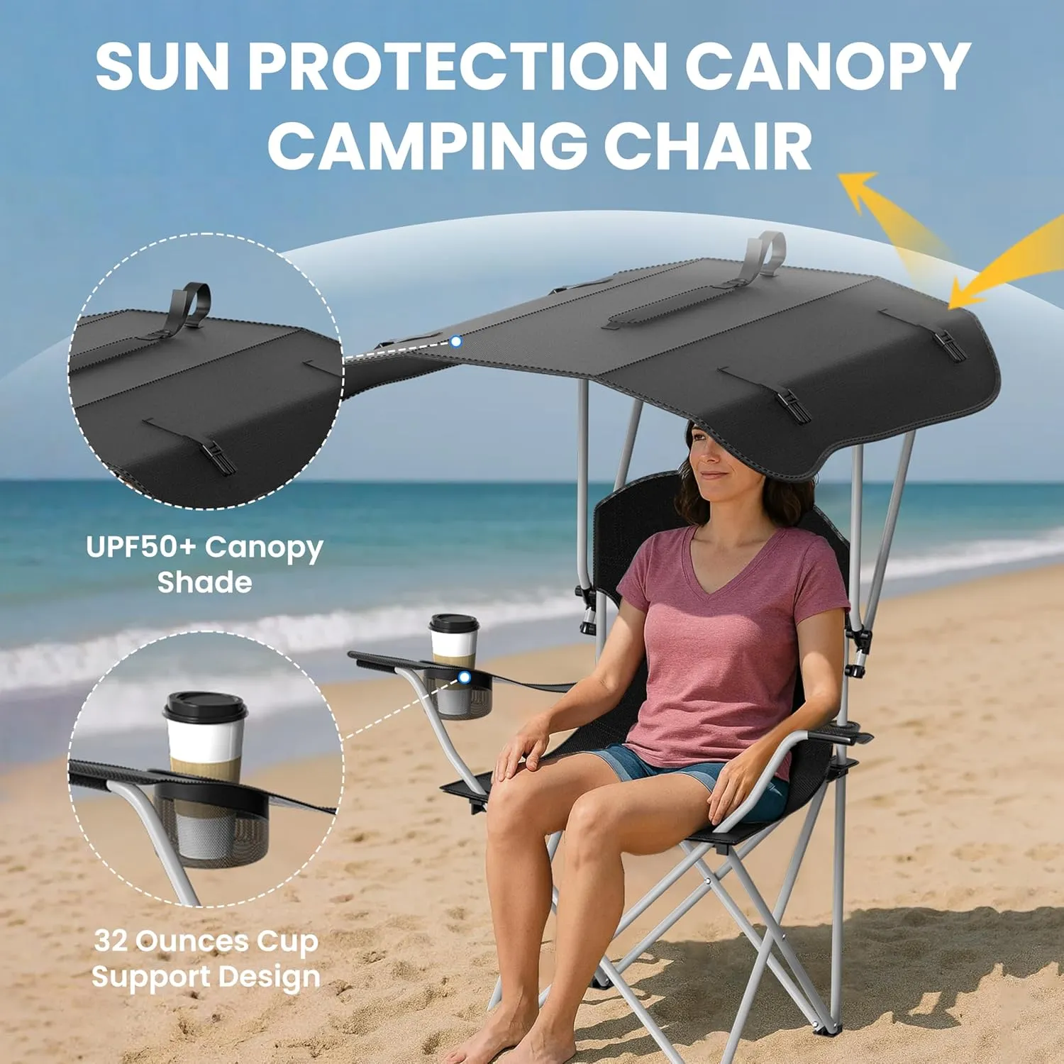 Simple Deluxe Portable Folding Rocking Chair, Camping Kickback Rocker with Durable Armrests, Drink Holder & Relaxed Lowered Seat for Comfort (Chair with Canopy)