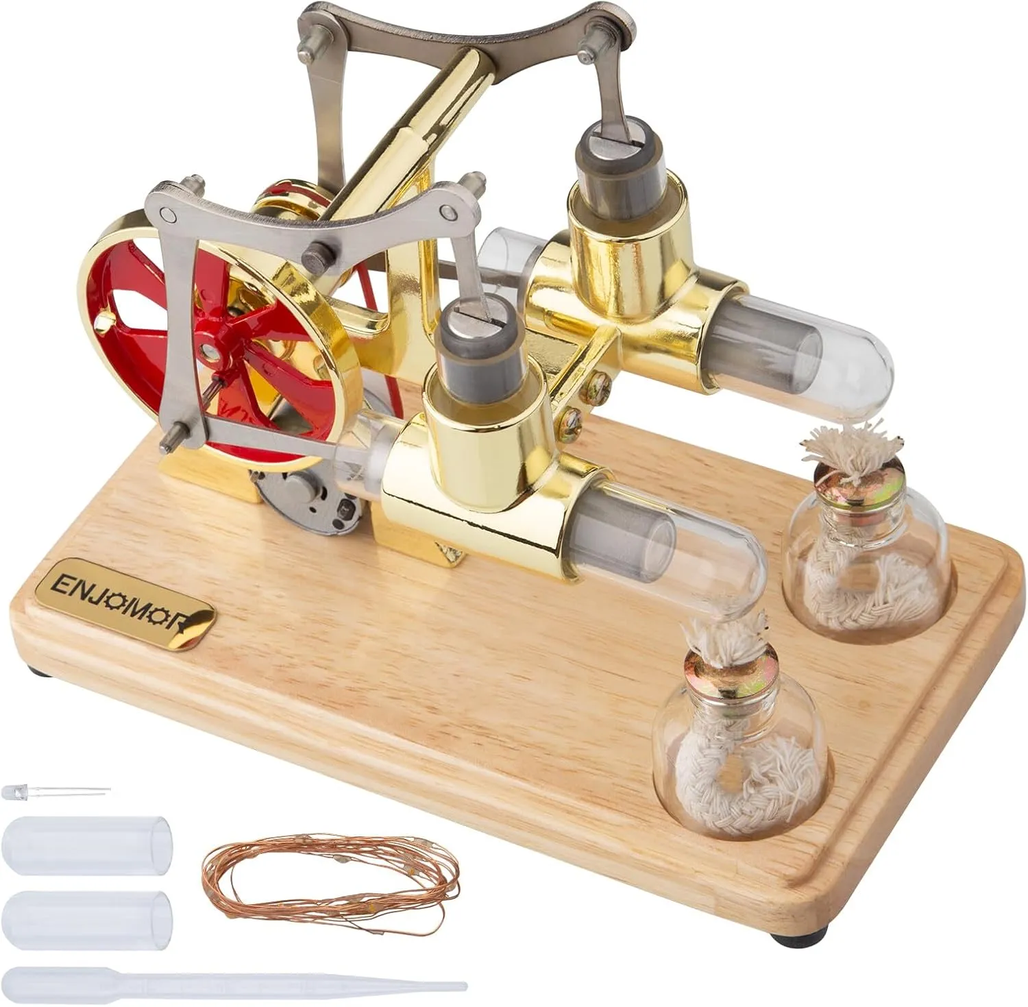 Single-Cylinder Engine Model Kit for Adults,ENJOMOR Balanced Twin Cylinder Hot Air Stirling Engine Model with LED String Lights for Power Generation Science and Education Toy - Golden