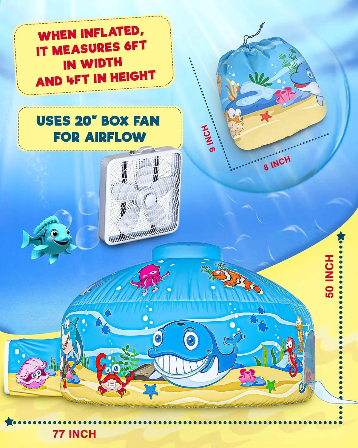 Skywin-Air Tent for Kids, Inflatable Tent for Kids, Playhouse with Door - 77x50 Inches Blow Up, Sets Up and Stores Away in Seconds (Fan NOT Included) (Space Style with Door) (Ocean Blue)