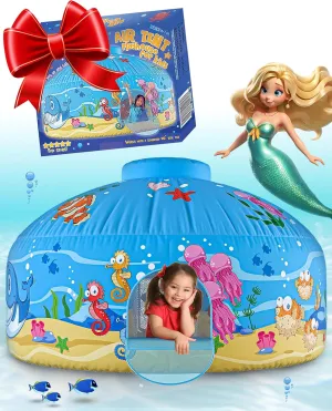 Skywin-Air Tent for Kids, Inflatable Tent for Kids, Playhouse with Door - 77x50 Inches Blow Up, Sets Up and Stores Away in Seconds (Fan NOT Included) (Space Style with Door) (Ocean Blue)