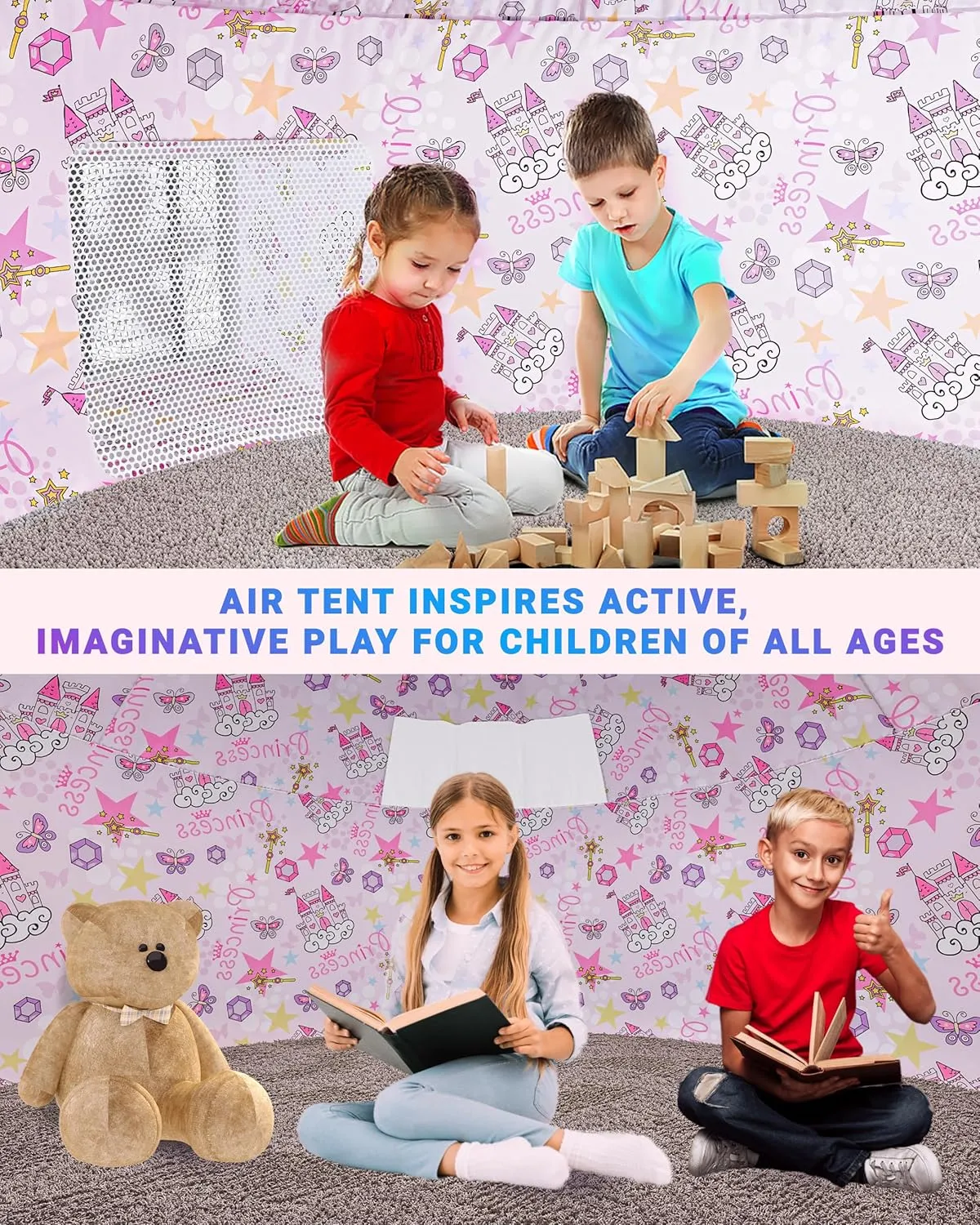 Skywin-Air Tent for Kids, Inflatable Tent for Kids, Playhouse with Door - 77x50 Inches Blow Up, Sets Up and Stores Away in Seconds (Fan NOT Included) (Space Style with Door) (Pink Princess)