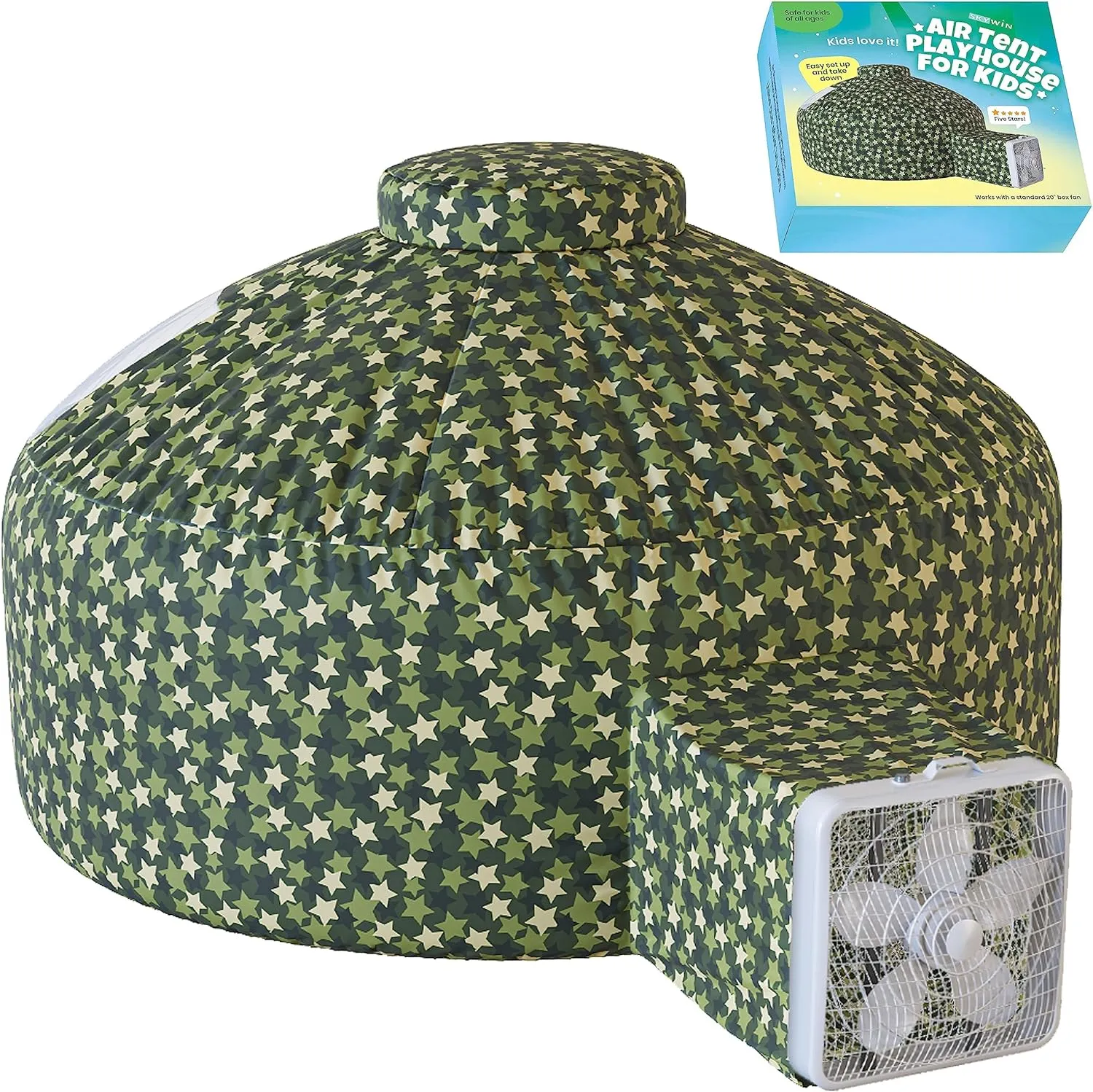 Skywin Inflatable Air Tent for Kids (77” x 50”), Perfect for Social or Solo Imaginative Play, Blow Up Tent, Sets Up and Stores Away in Seconds, Toddler Playhouse (Fan NOT Included) (Camo Green Star)