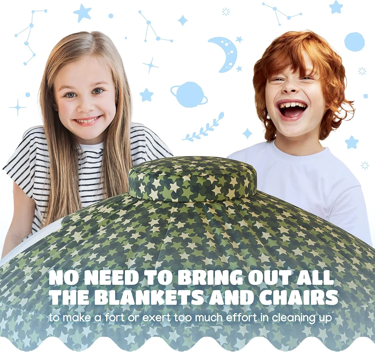 Skywin Inflatable Air Tent for Kids (77” x 50”), Perfect for Social or Solo Imaginative Play, Blow Up Tent, Sets Up and Stores Away in Seconds, Toddler Playhouse (Fan NOT Included) (Camo Star Green)