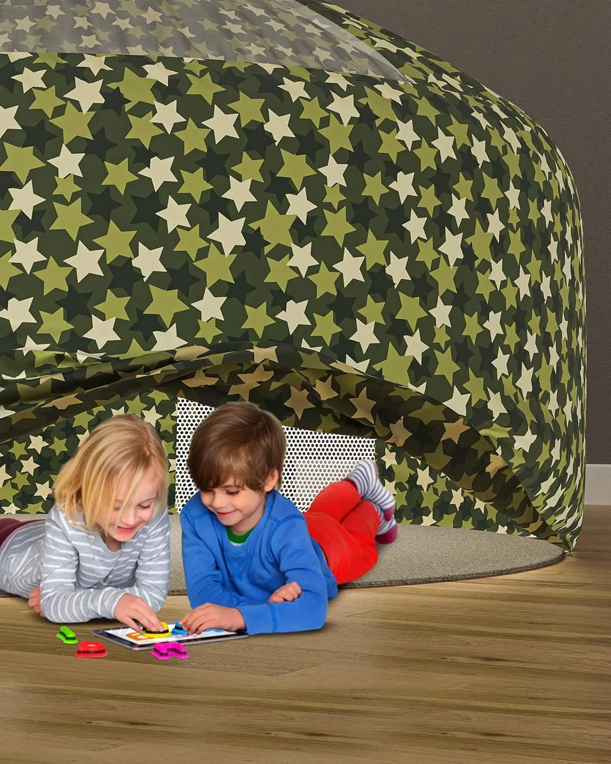 Skywin Inflatable Air Tent for Kids (77” x 50”), Perfect for Social or Solo Imaginative Play, Blow Up Tent, Sets Up and Stores Away in Seconds, Toddler Playhouse (Fan NOT Included) (Camo Star Green)
