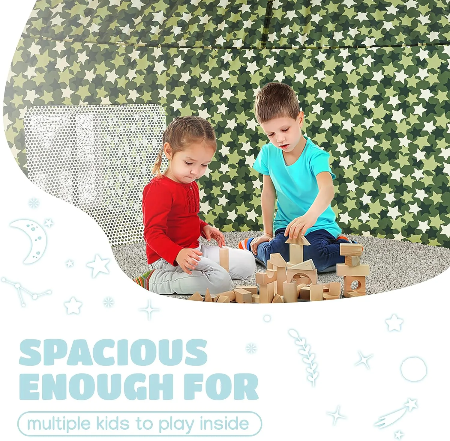 Skywin Inflatable Air Tent for Kids (77” x 50”), Perfect for Social or Solo Imaginative Play, Blow Up Tent, Sets Up and Stores Away in Seconds, Toddler Playhouse (Fan NOT Included) (Camo Star Green)
