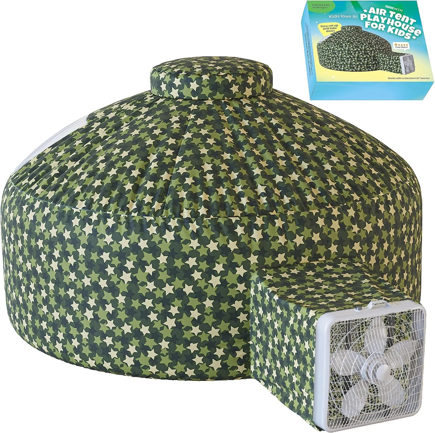 Skywin Inflatable Air Tent for Kids (77” x 50”), Perfect for Social or Solo Imaginative Play, Blow Up Tent, Sets Up and Stores Away in Seconds, Toddler Playhouse (Fan NOT Included) (Camo Star Green)