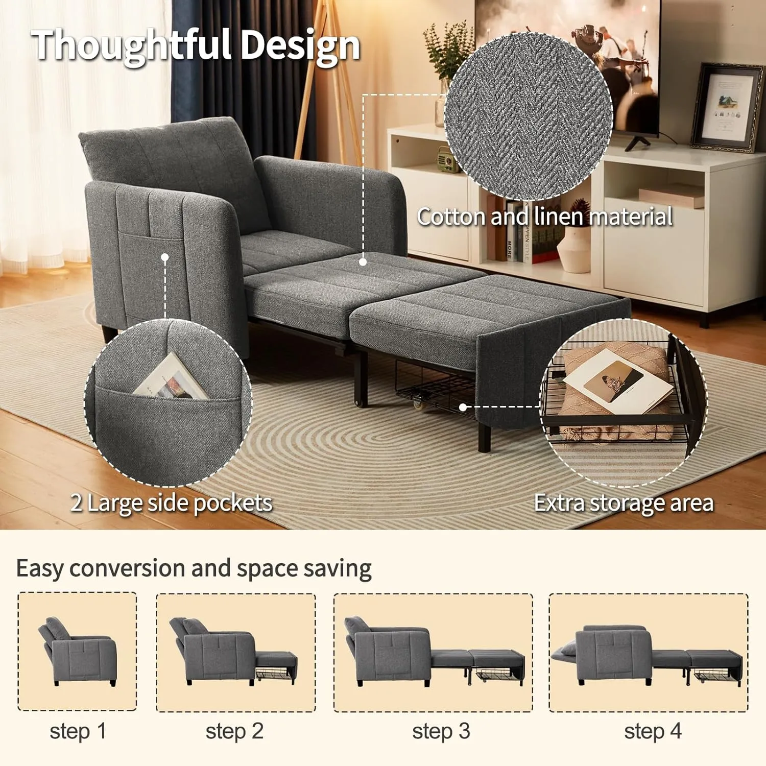 Sleeper Chair 84" Extra Long Convertible Chair Bed Upgraded 3-in-1 to 4-in-1 Pull Out Chair & Single Sofa Bed for Adult Sleeping Chair for Living Room & Small Space (Dark Grey)