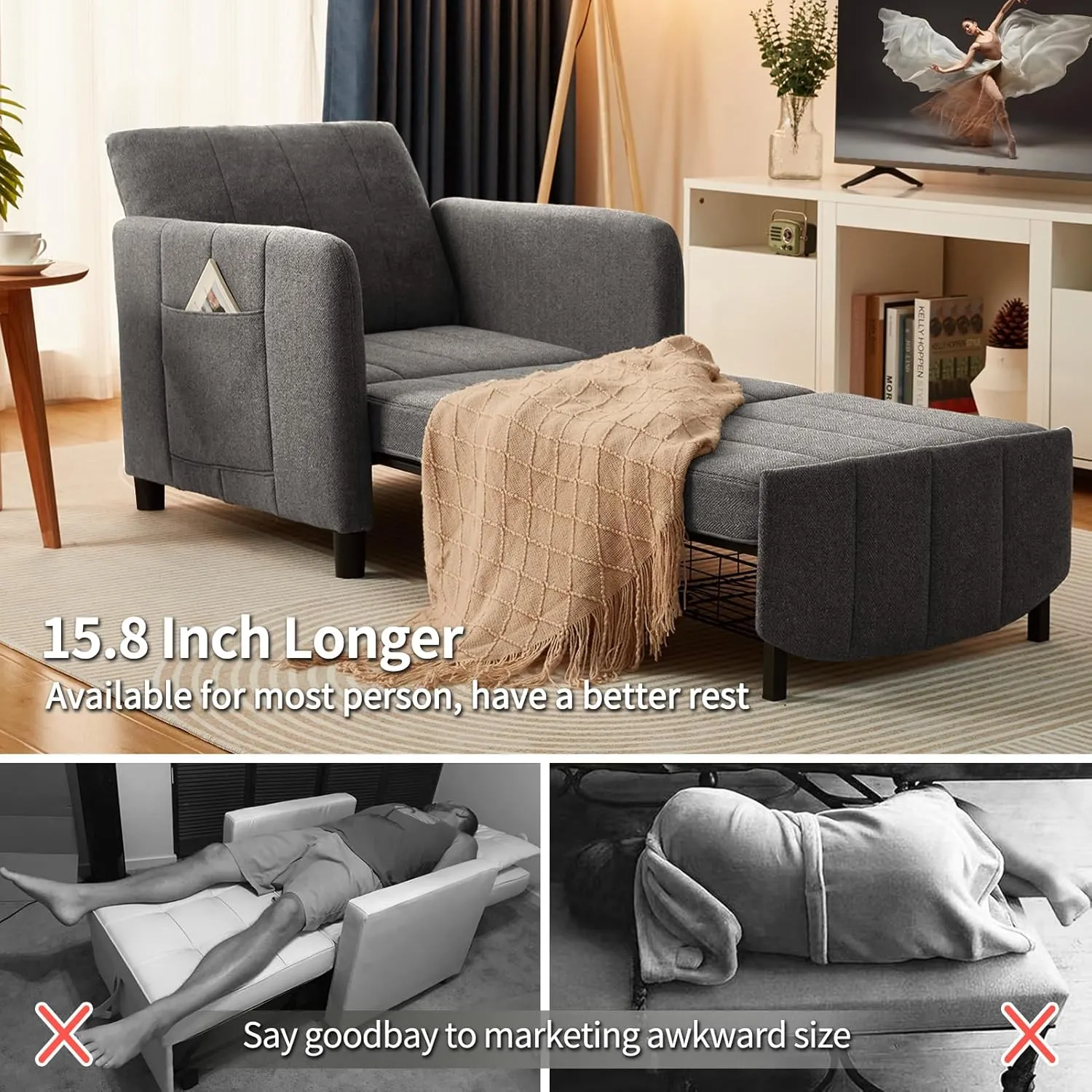 Sleeper Chair 84" Extra Long Convertible Chair Bed Upgraded 3-in-1 to 4-in-1 Pull Out Chair & Single Sofa Bed for Adult Sleeping Chair for Living Room & Small Space (Dark Grey)