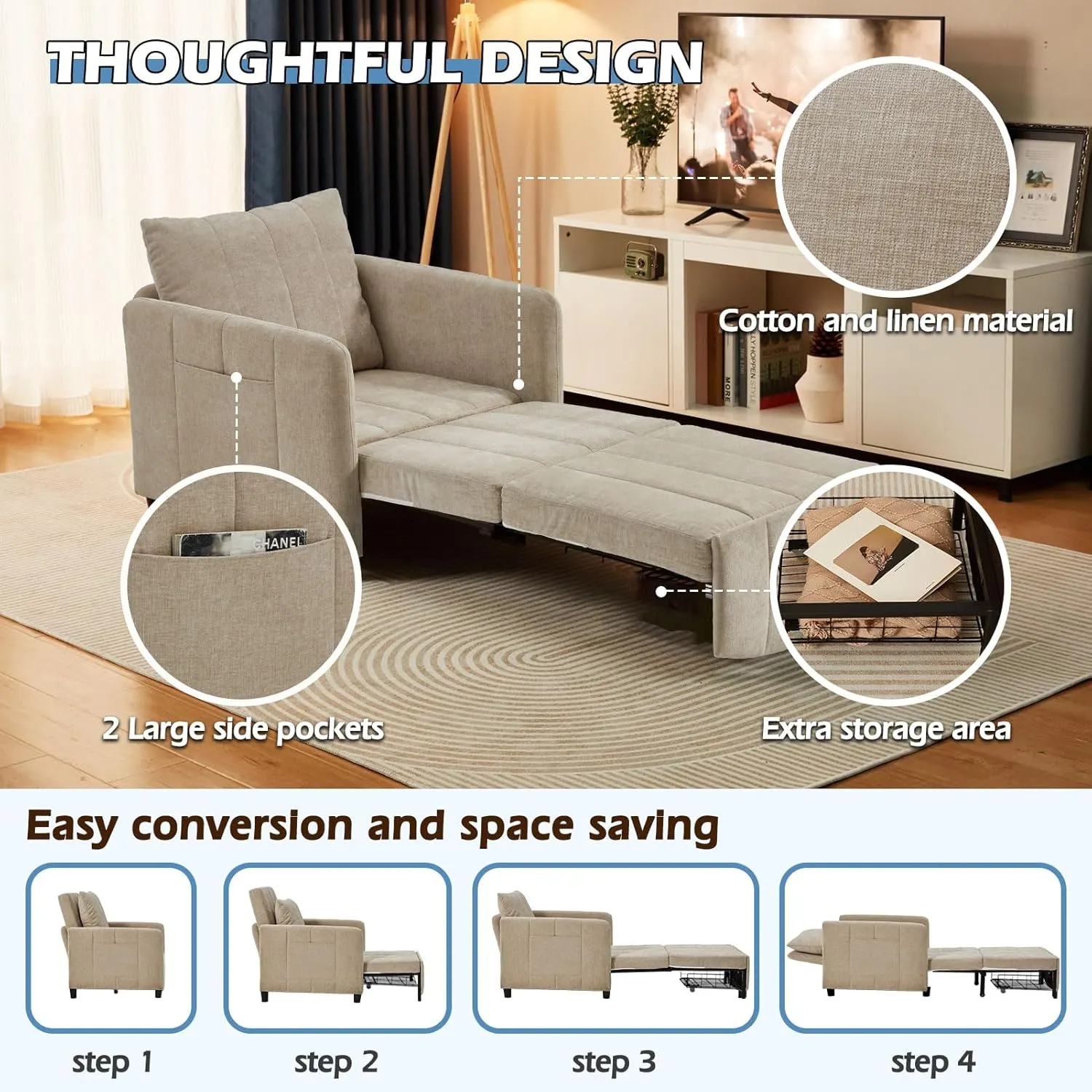Sleeper Chair 84" Extra Long Convertible Chair Bed Upgraded 3-in-1 to 4-in-1 Pull Out Chair & Single Sofa Bed for Adult Sleeping Chair for Living Room & Small Space