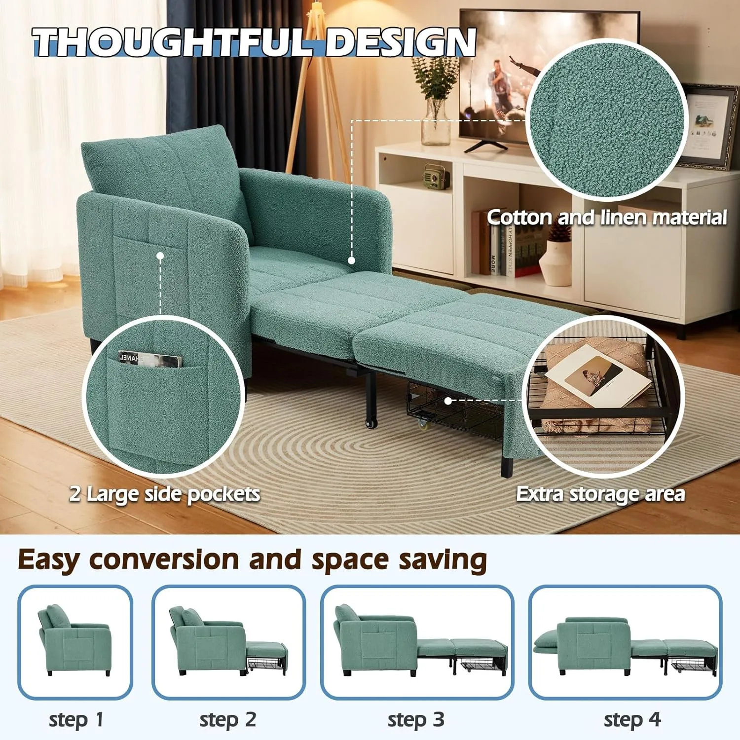 Sleeper Chair 84" Extra Long Convertible Chair Bed Upgraded 3-in-1 to 4-in-1 Pull Out Chair & Single Sofa Bed for Adult Sleeping Chair for Living Room & Small Space