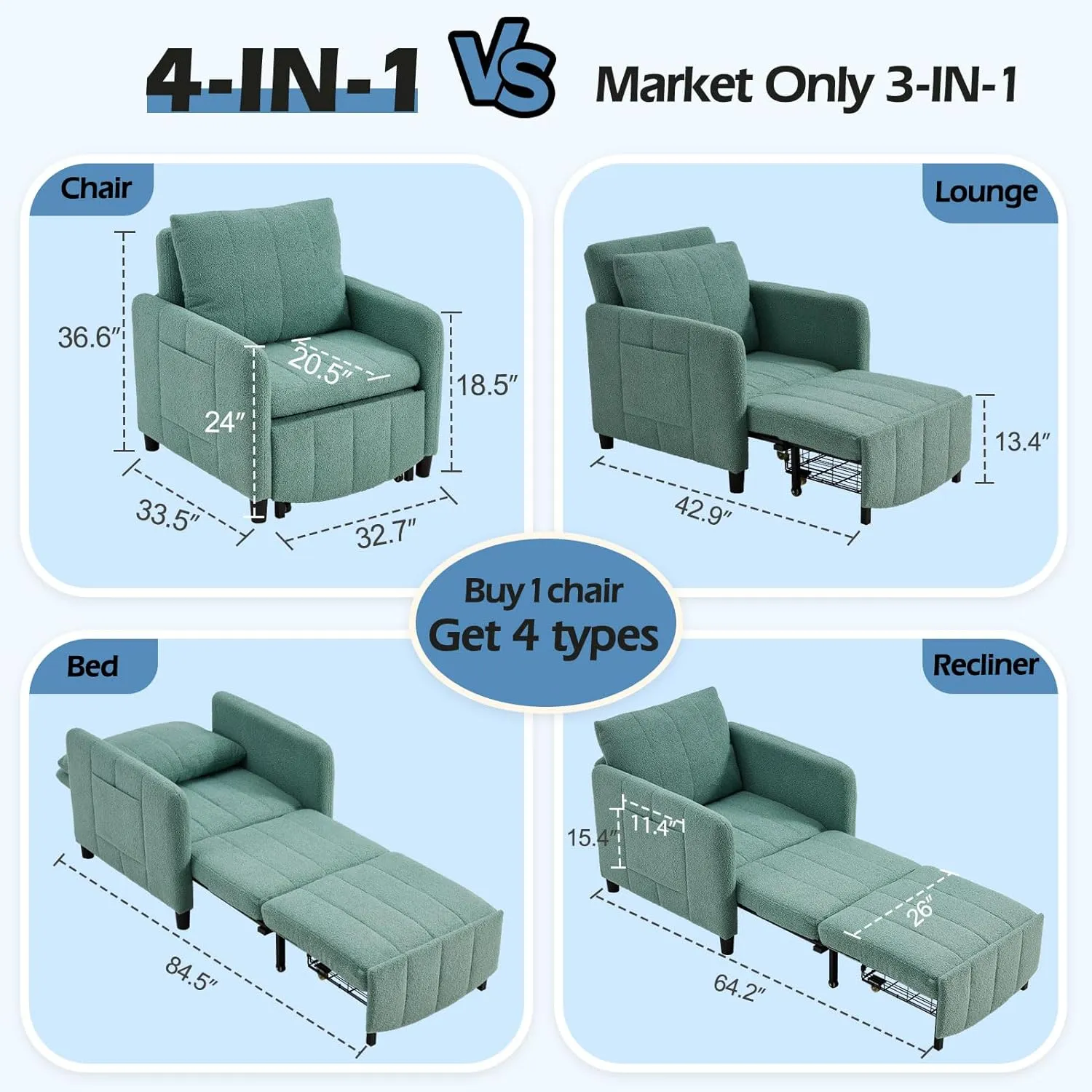 Sleeper Chair 84" Extra Long Convertible Chair Bed Upgraded 3-in-1 to 4-in-1 Pull Out Chair & Single Sofa Bed for Adult Sleeping Chair for Living Room & Small Space