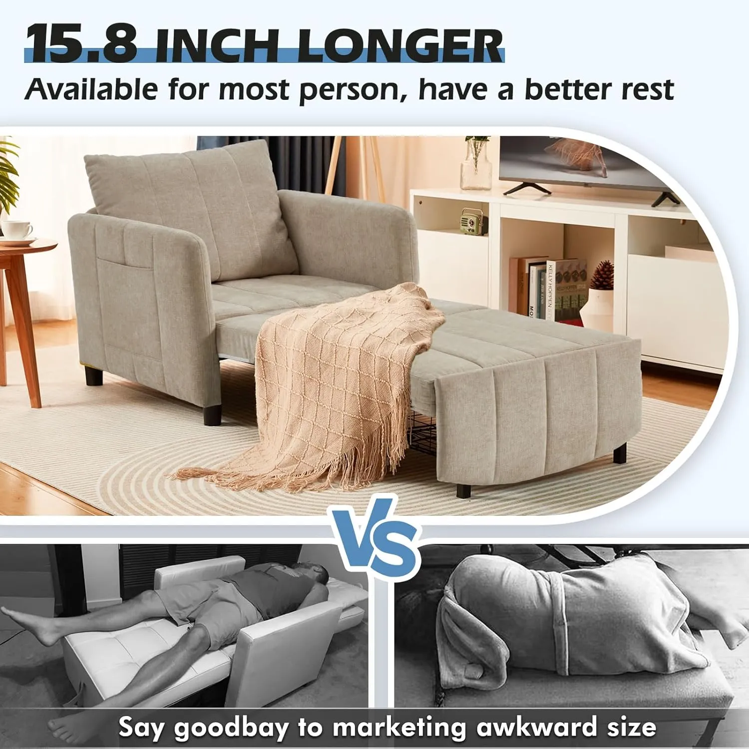Sleeper Chair 84" Extra Long Convertible Chair Bed Upgraded 3-in-1 to 4-in-1 Pull Out Chair & Single Sofa Bed for Adult Sleeping Chair for Living Room & Small Space