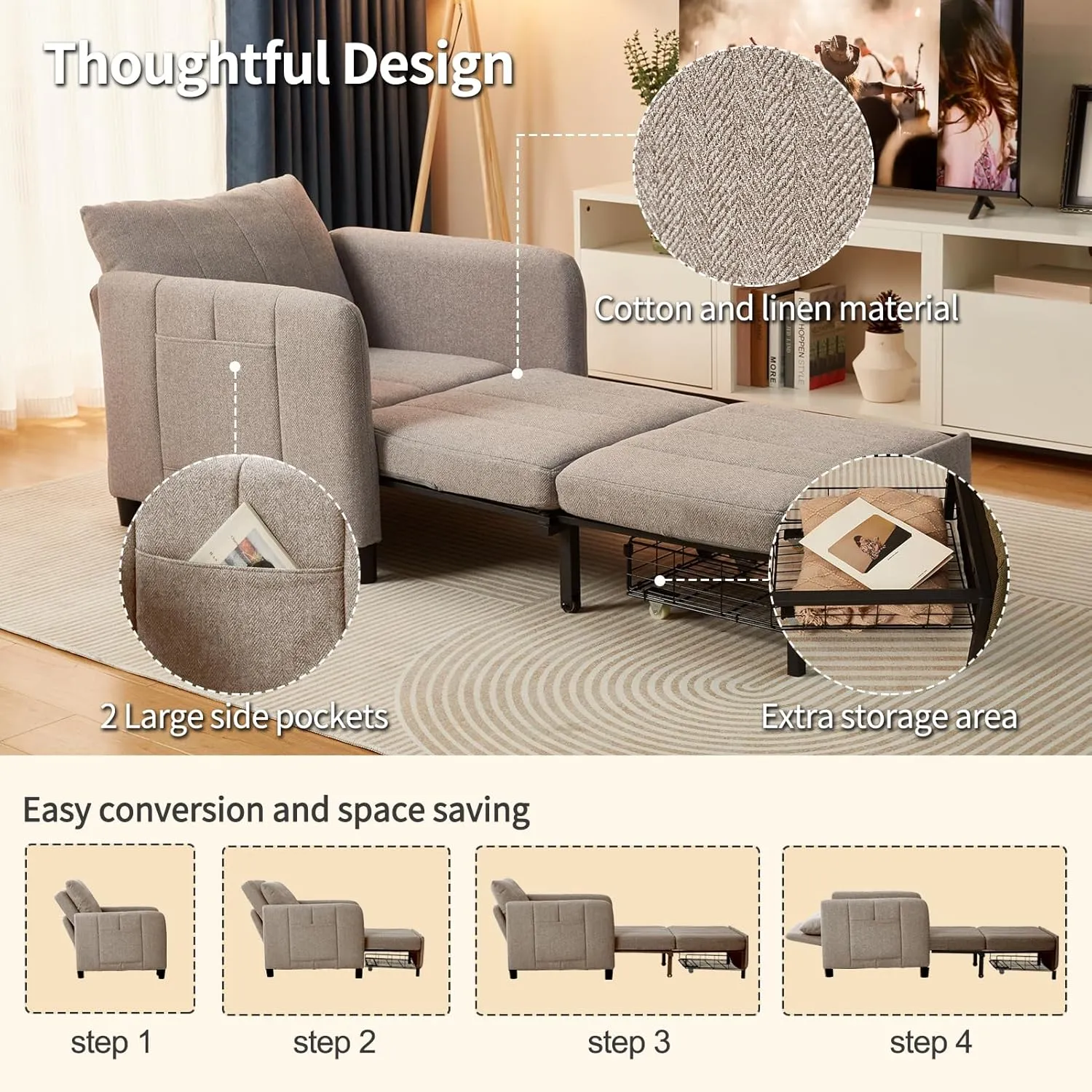 Sleeper Chair, 84" Extra Long Convertible Chair Bed, Upgraded 3-in-1 to 4-in-1 Pull Out Chair & Single Sofa Bed for Adult, Sleeping Chair for Living Room, Small Space (Light Grey)