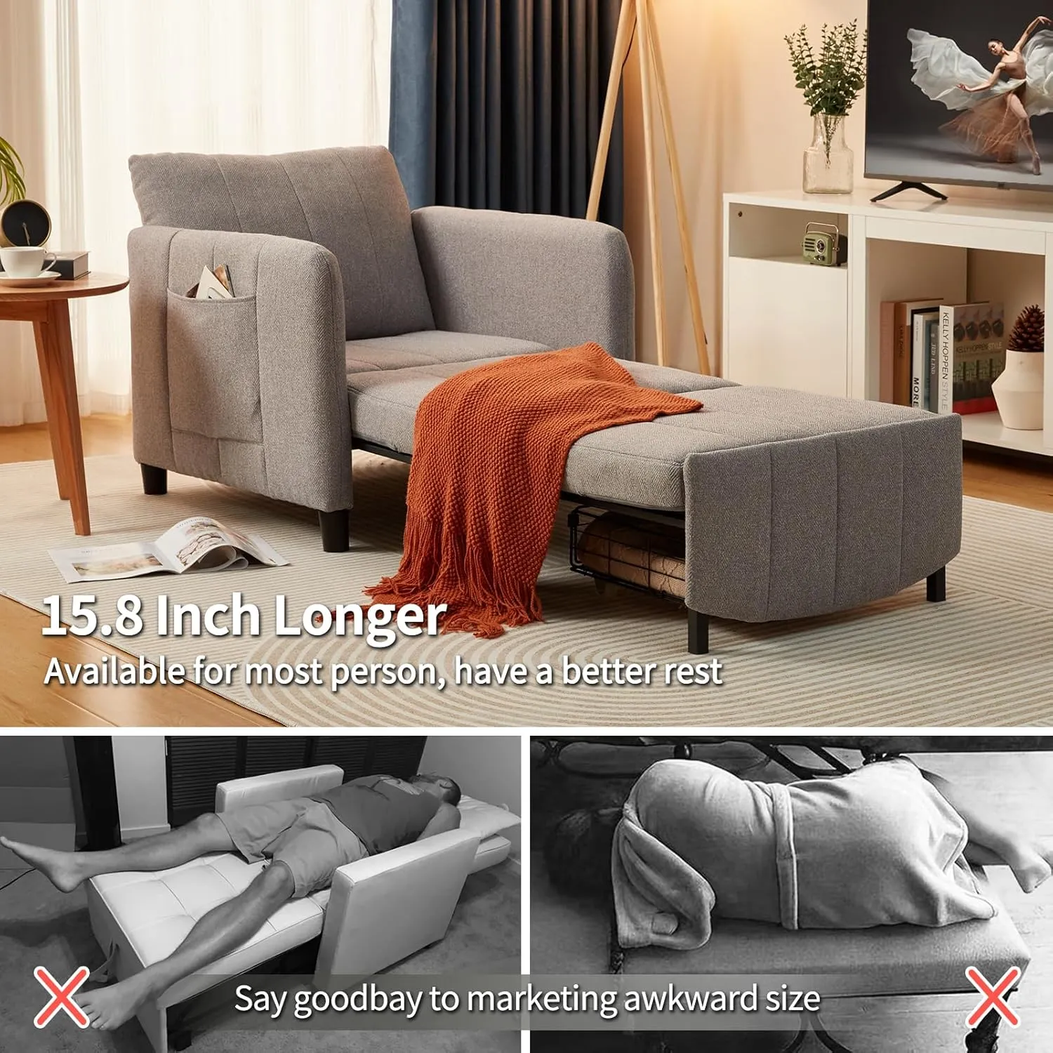 Sleeper Chair, 84" Extra Long Convertible Chair Bed, Upgraded 3-in-1 to 4-in-1 Pull Out Chair & Single Sofa Bed for Adult, Sleeping Chair for Living Room, Small Space (Light Grey)