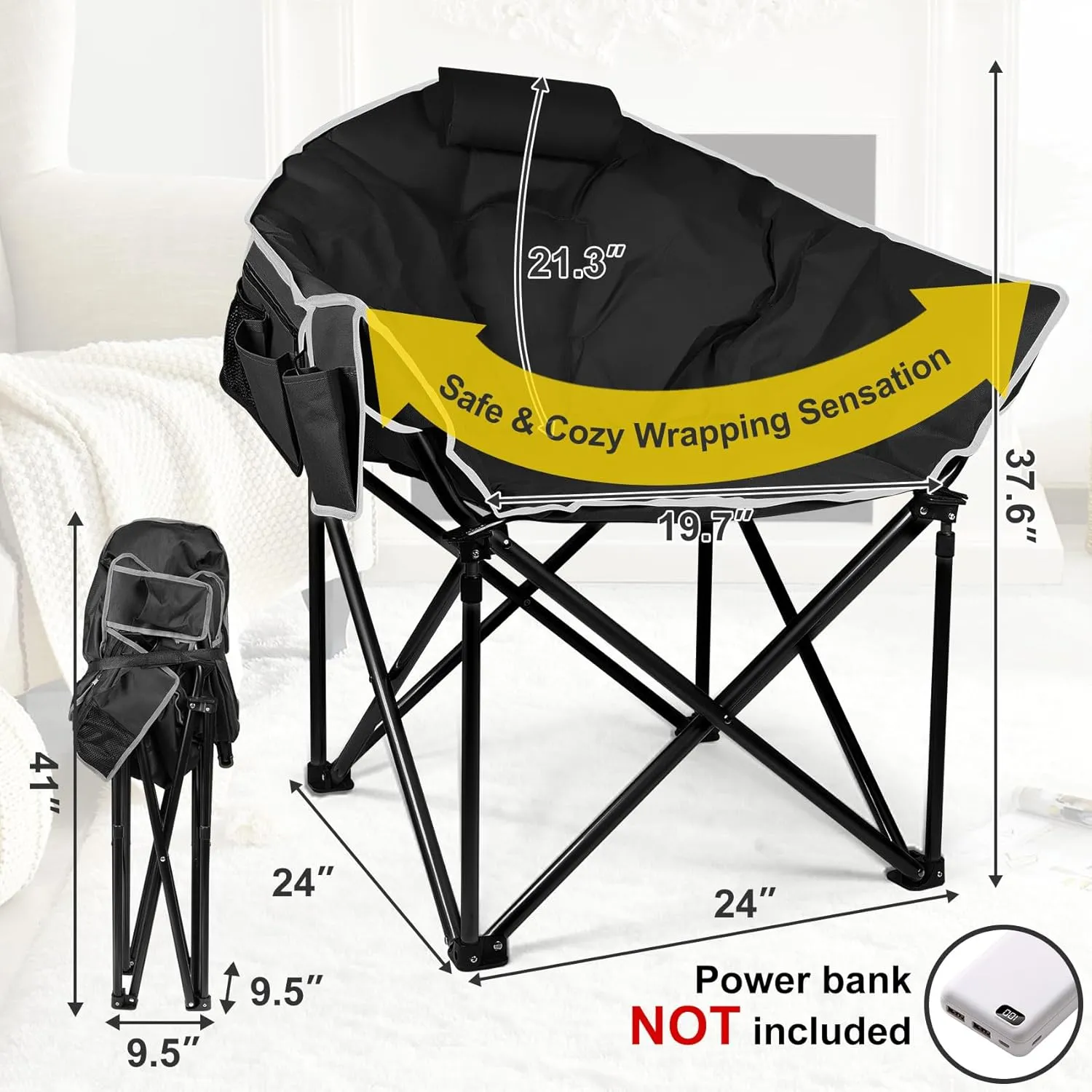 Slendor Heated Camping Chair, Oversized Camping Chair,3 Adjustable Heating Levels, Portable Folding Heated Outdoor Chair with Pillow & Storage Bag, Ideal for Camping, Patio, and Sports