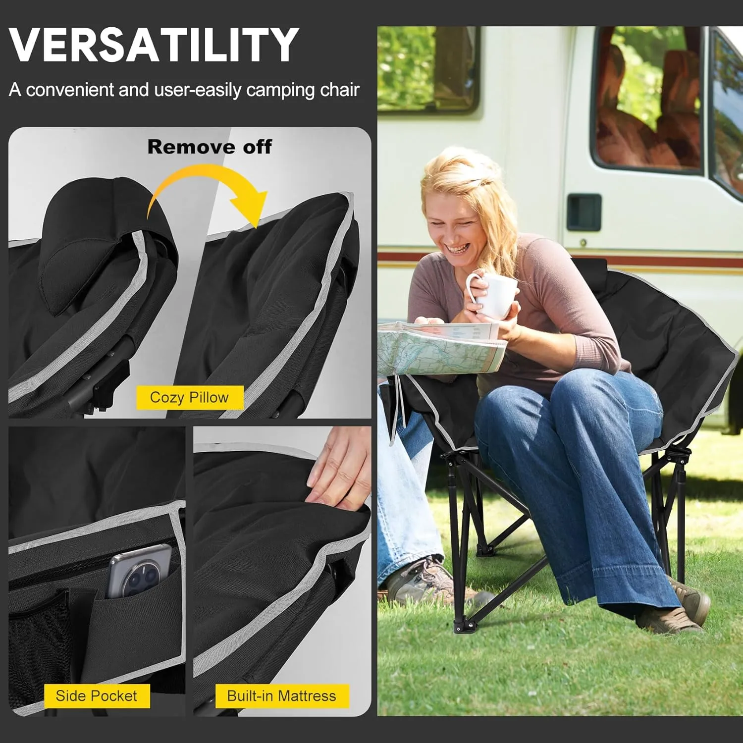 Slendor Heated Camping Chair, Oversized Camping Chair,3 Adjustable Heating Levels, Portable Folding Heated Outdoor Chair with Pillow & Storage Bag, Ideal for Camping, Patio, and Sports
