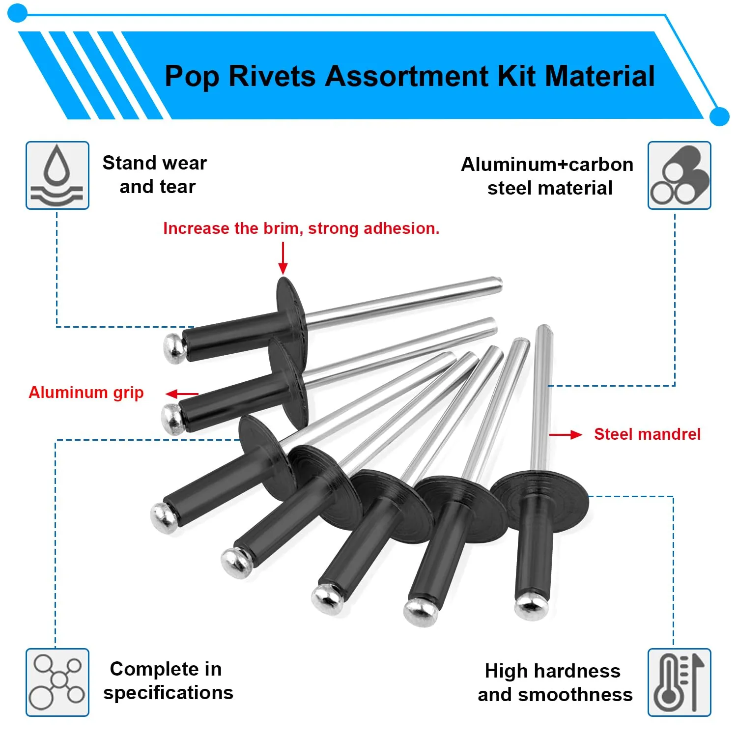 smseace 800pcs Black Pop Rivets with Large Flange Rivets Assortment Kit 7-Sizes Black Rivets with Large Head(1/8" 3/16" 1/4") 8-Sizes Small Rivets (3/32" 1/8" 5/32" 3/16") Pop Rivets Assortment kit