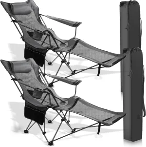 Soaoo 2 Pcs Mesh Camping Chair Portable Folding Portable Mesh Chair with Removable Footrest Headrest Storage Bag Camping Recliner 264lbs Weight Capacity Lounge with Carry Bag for Adult Outdoor(Gray)