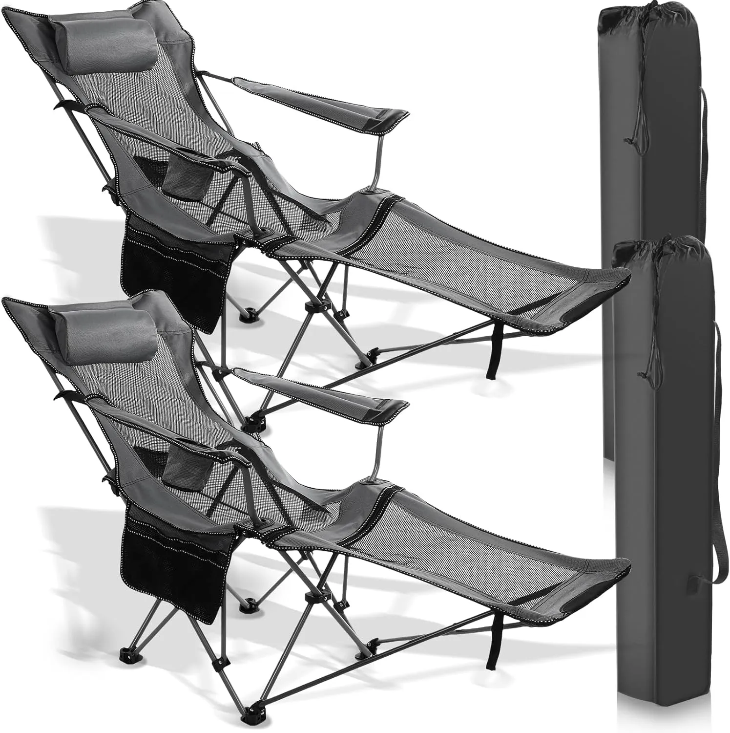 Soaoo 2 Pcs Mesh Camping Chair Portable Folding Portable Mesh Chair with Removable Footrest Headrest Storage Bag Camping Recliner 264lbs Weight Capacity Lounge with Carry Bag for Adult Outdoor(Gray)