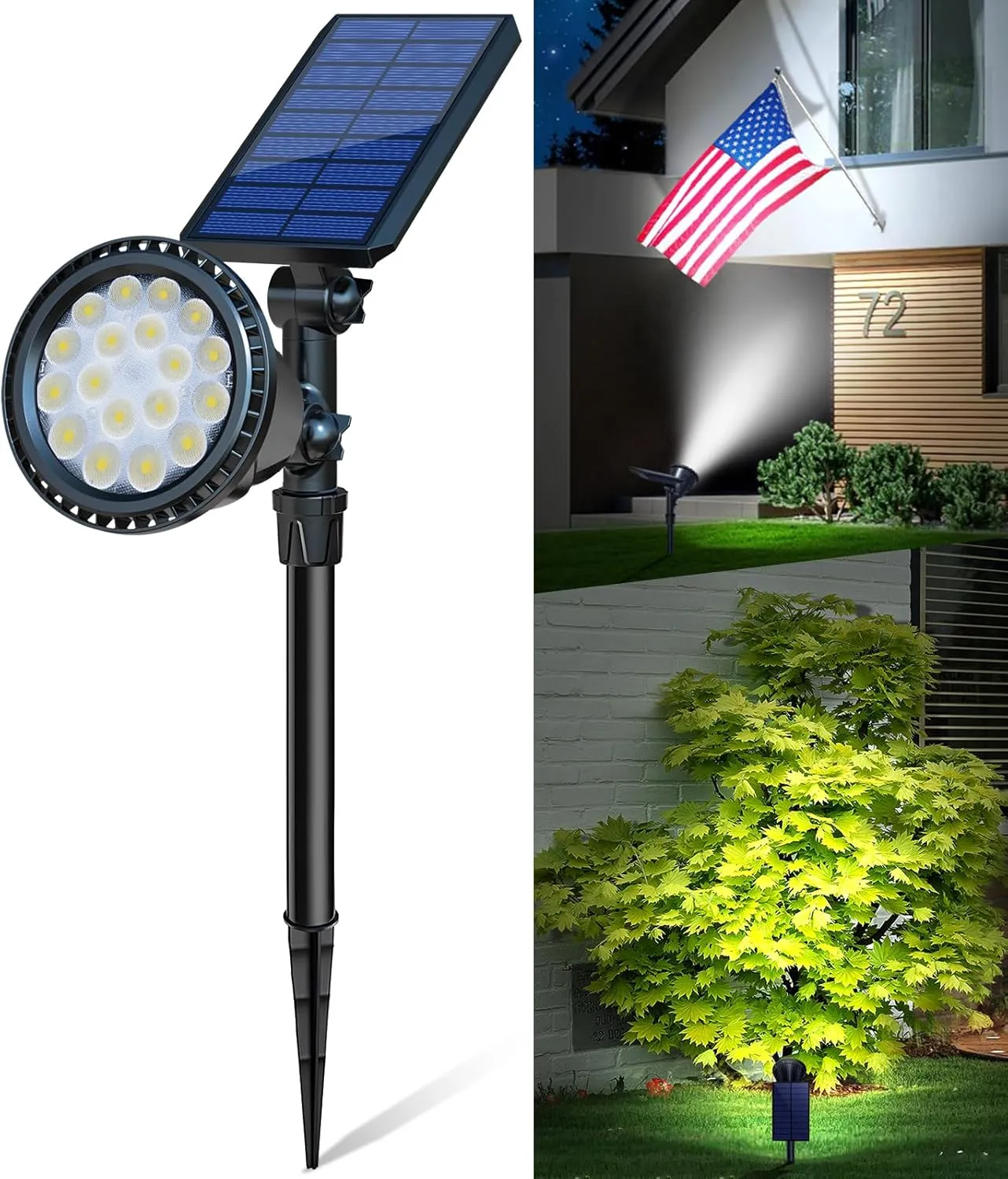 Solar Spot Lights Outdoor, Bright Solar Landscape Spotlights Waterproof 18LED 2-in-1 Solar Powered Flag Light Adjustable Auto On/Off Uplights for Flag Pole Garden Yard 1Pack (Cool White)